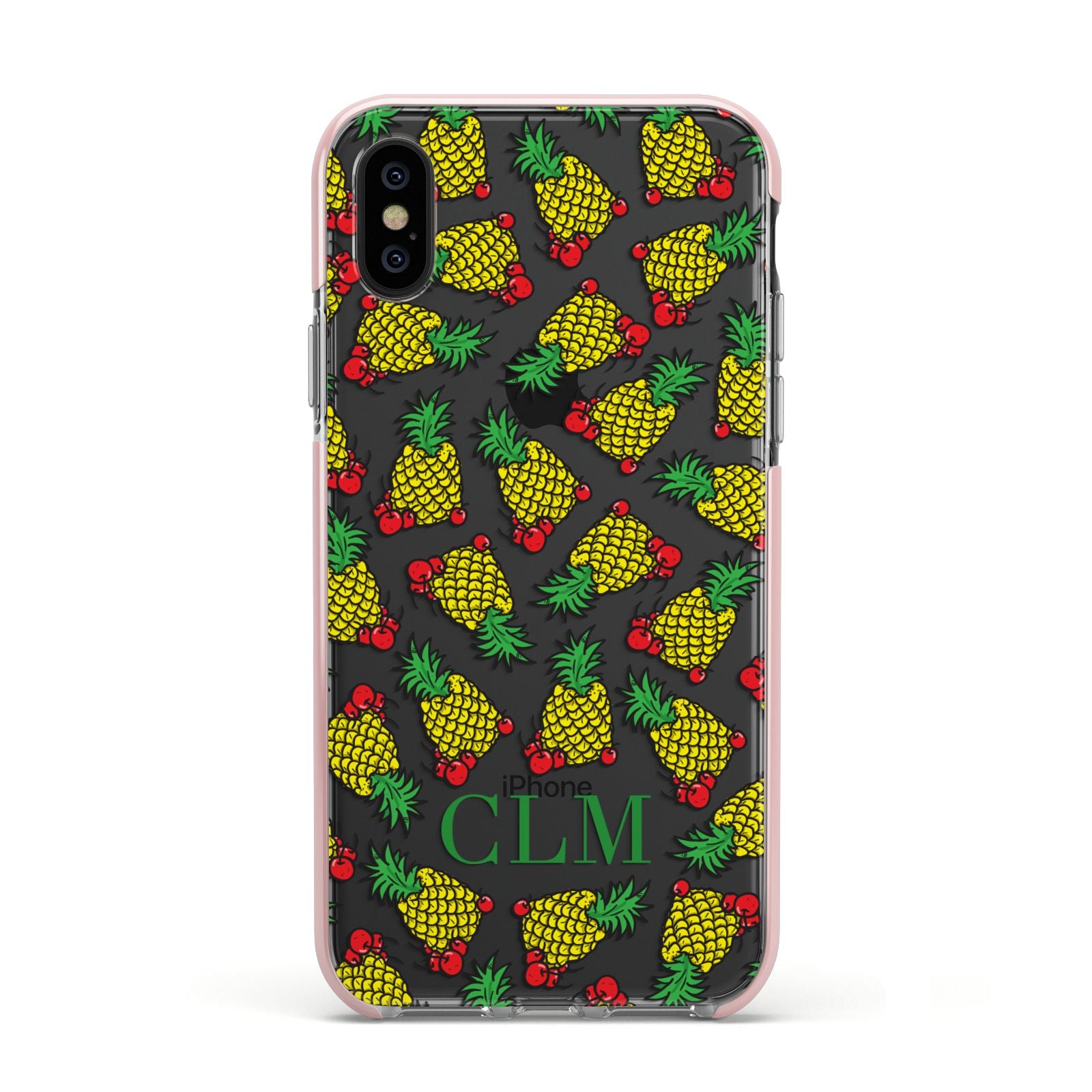 Personalised Pineapple Initials Clear Apple iPhone Xs Impact Case Pink Edge on Black Phone