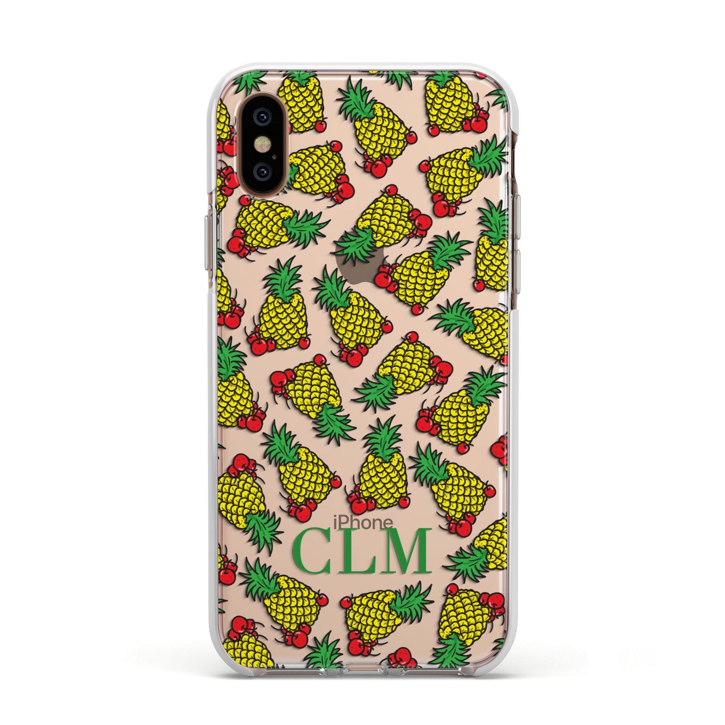 Personalised Pineapple Initials Clear Apple iPhone Xs Impact Case White Edge on Gold Phone