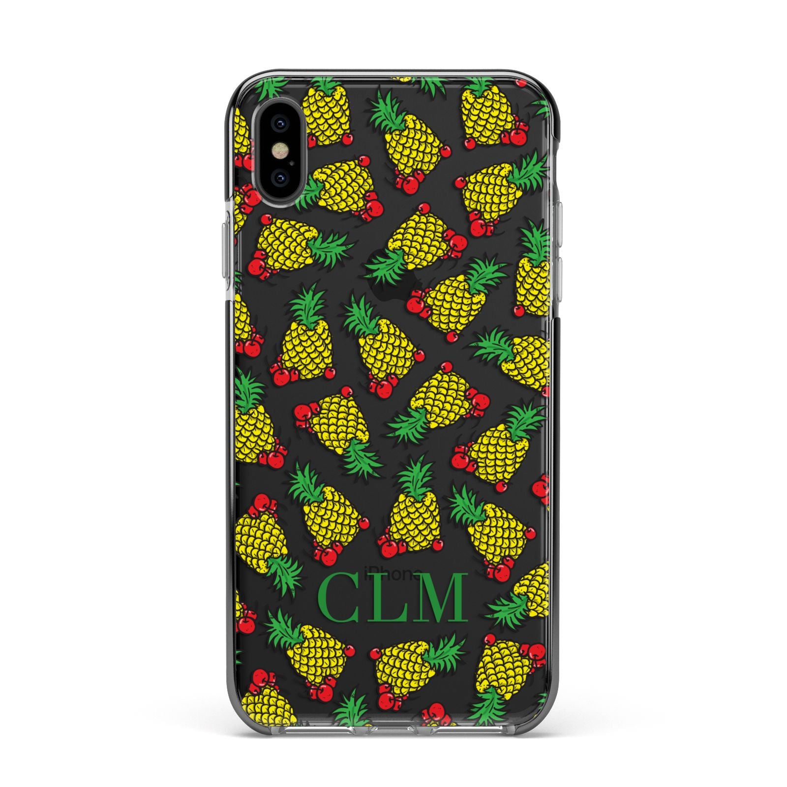 Personalised Pineapple Initials Clear Apple iPhone Xs Max Impact Case Black Edge on Black Phone