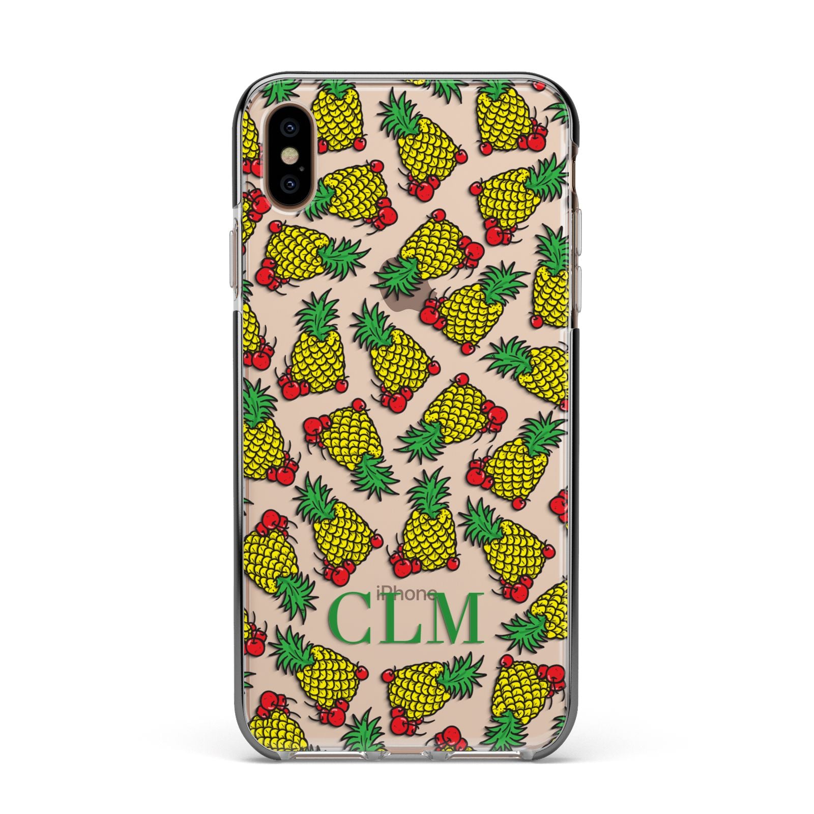 Personalised Pineapple Initials Clear Apple iPhone Xs Max Impact Case Black Edge on Gold Phone