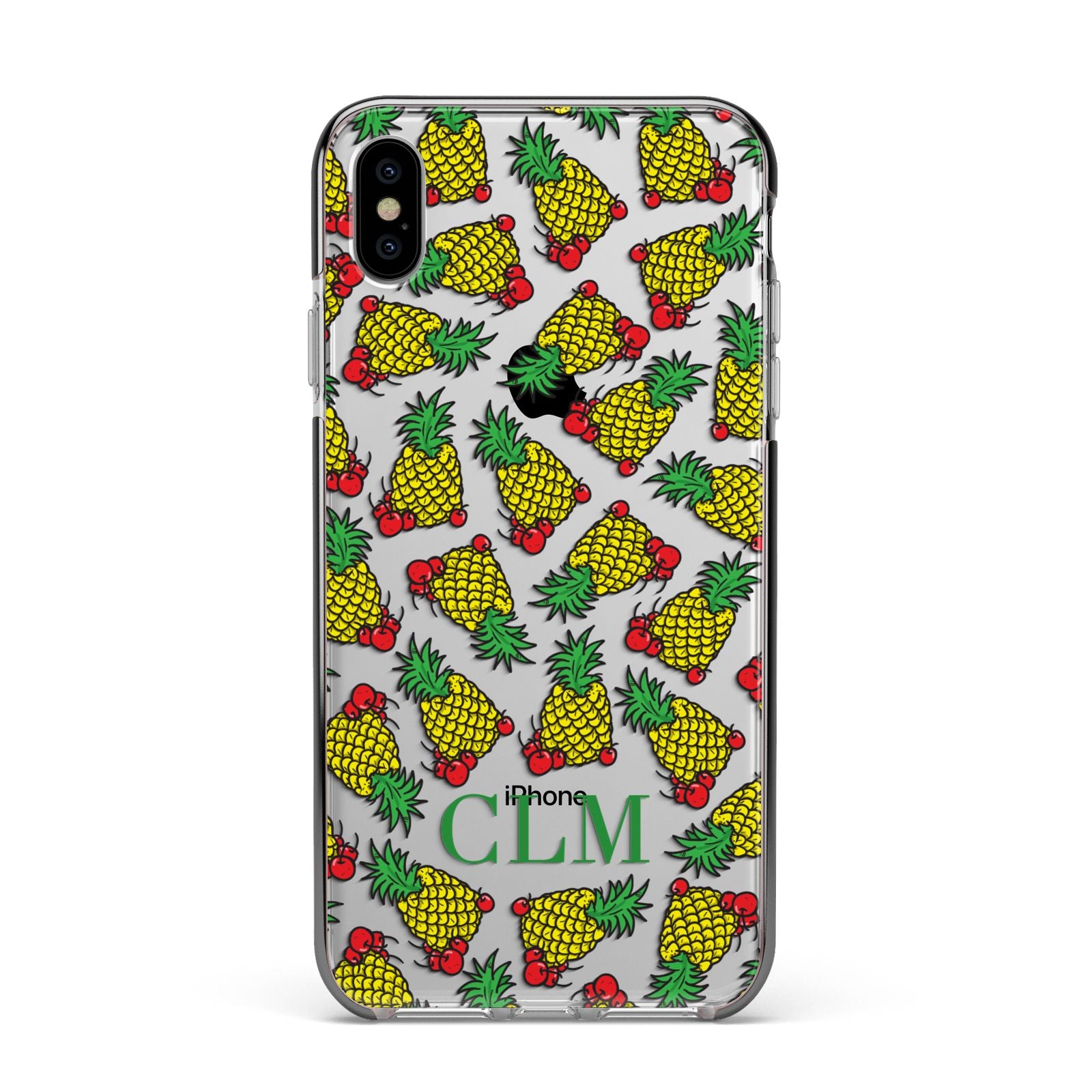 Personalised Pineapple Initials Clear Apple iPhone Xs Max Impact Case Black Edge on Silver Phone