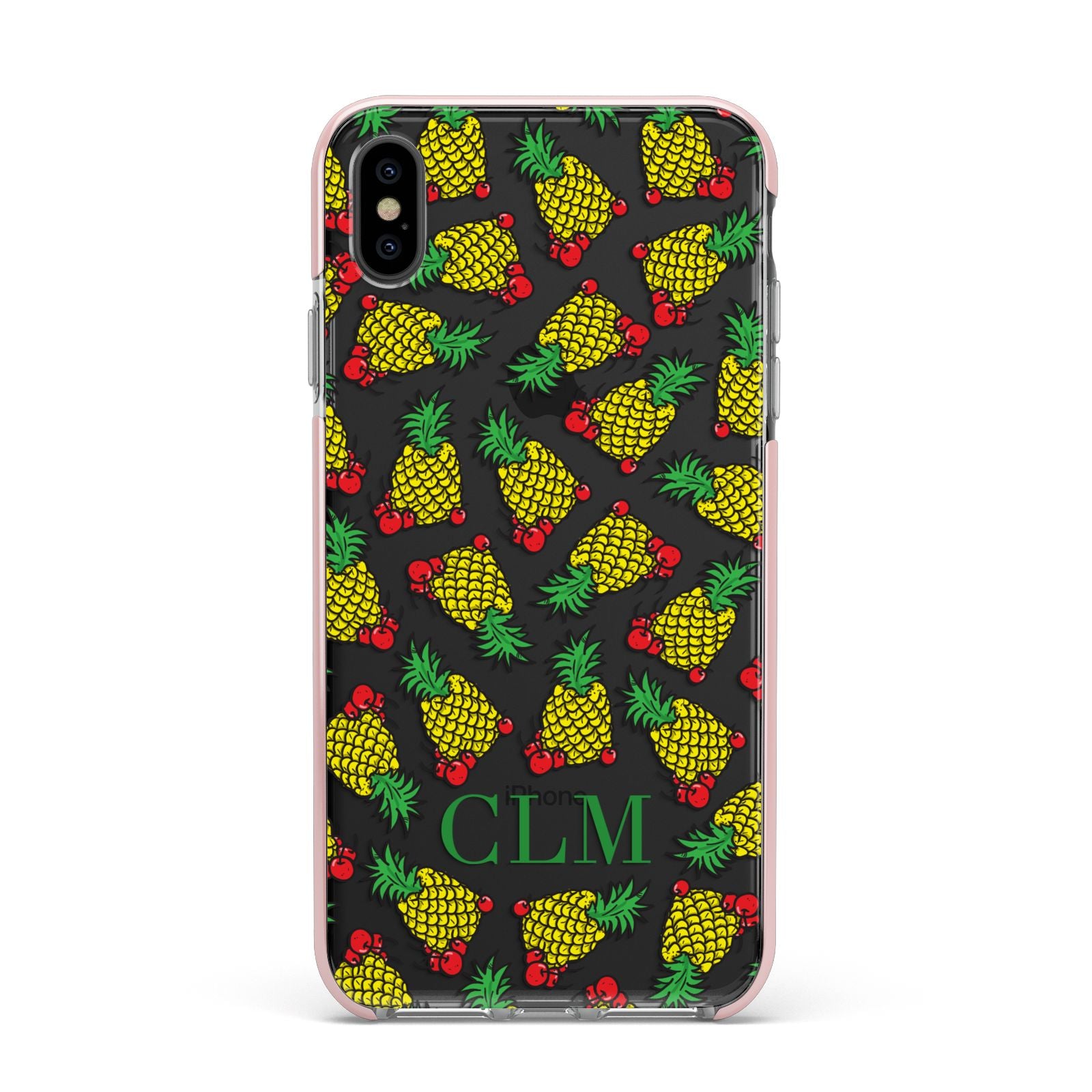 Personalised Pineapple Initials Clear Apple iPhone Xs Max Impact Case Pink Edge on Black Phone