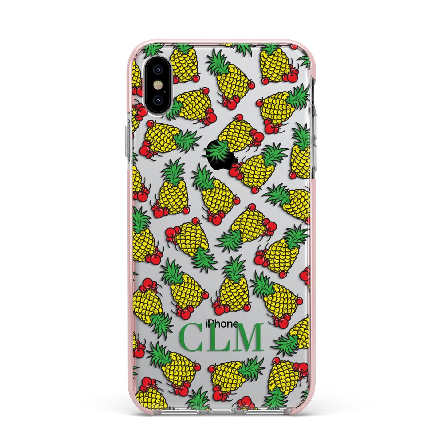 Personalised Pineapple Initials Clear Apple iPhone Xs Max Impact Case Pink Edge on Silver Phone