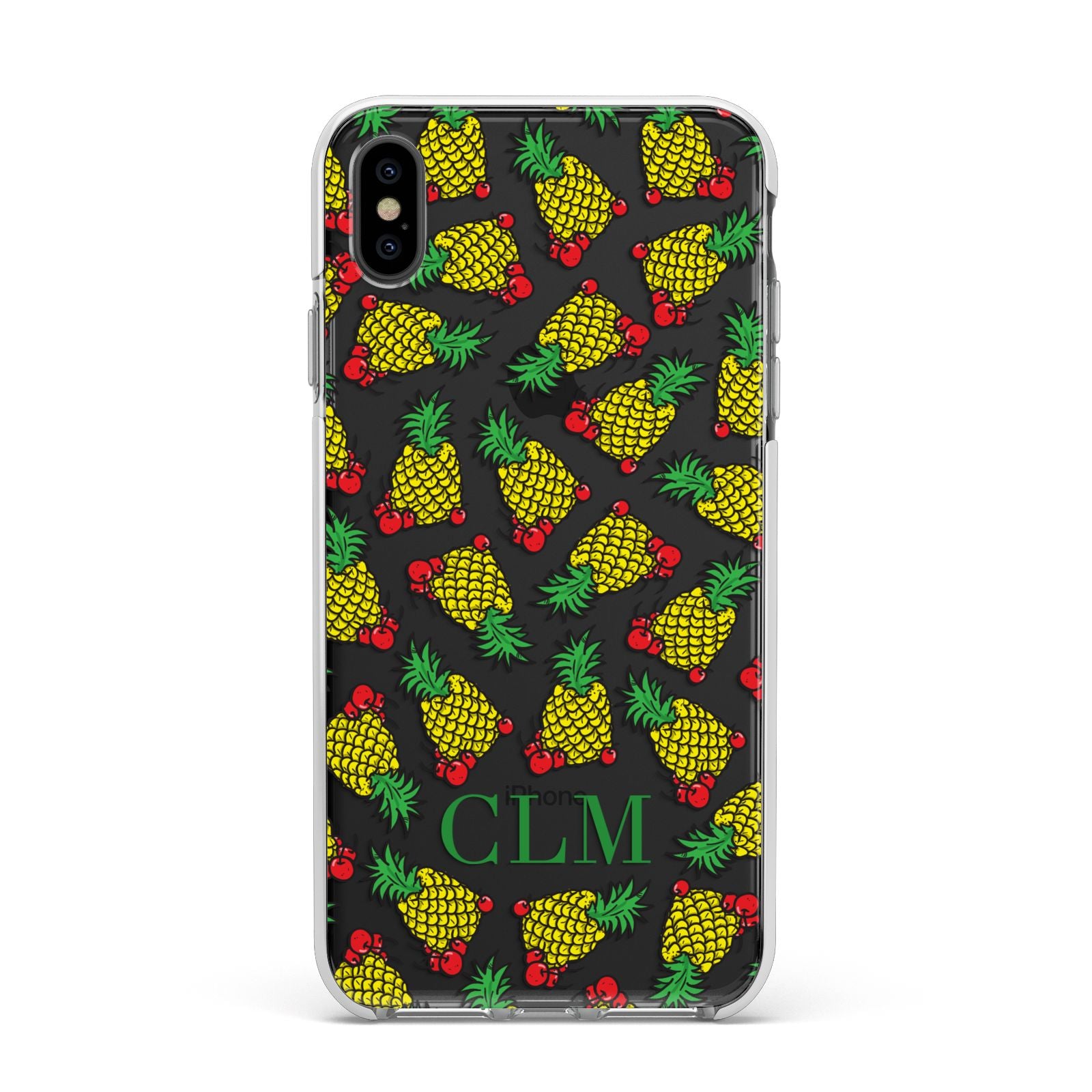 Personalised Pineapple Initials Clear Apple iPhone Xs Max Impact Case White Edge on Black Phone