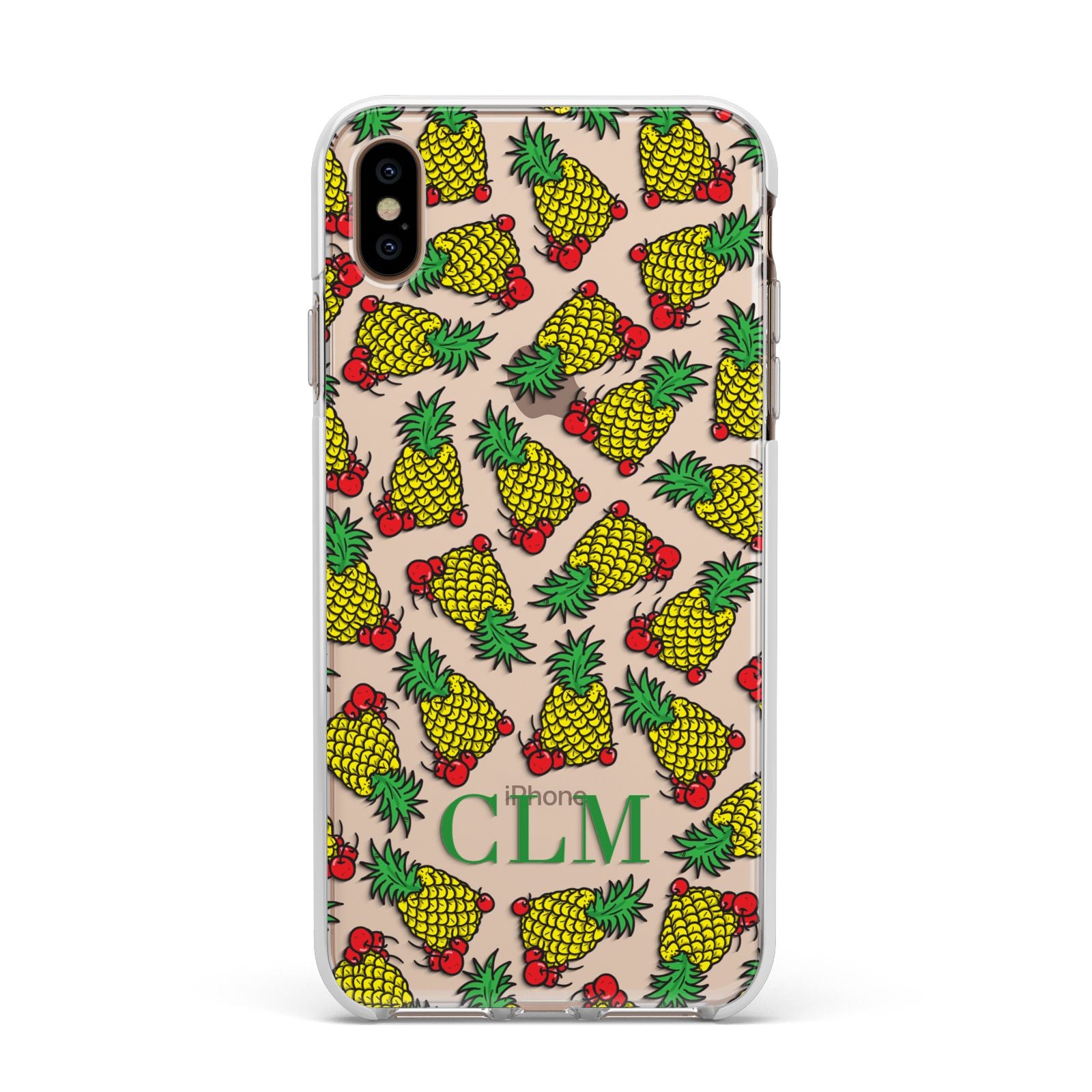 Personalised Pineapple Initials Clear Apple iPhone Xs Max Impact Case White Edge on Gold Phone