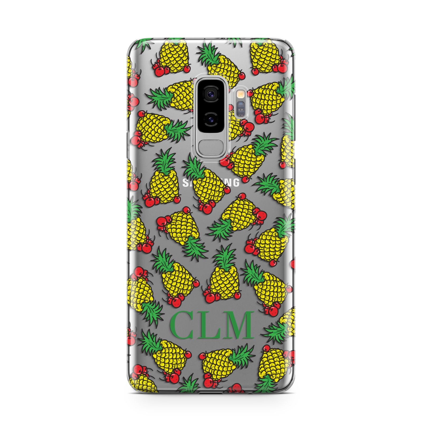 Personalised Pineapple Initials Clear Samsung Galaxy S9 Plus Case on Silver phone