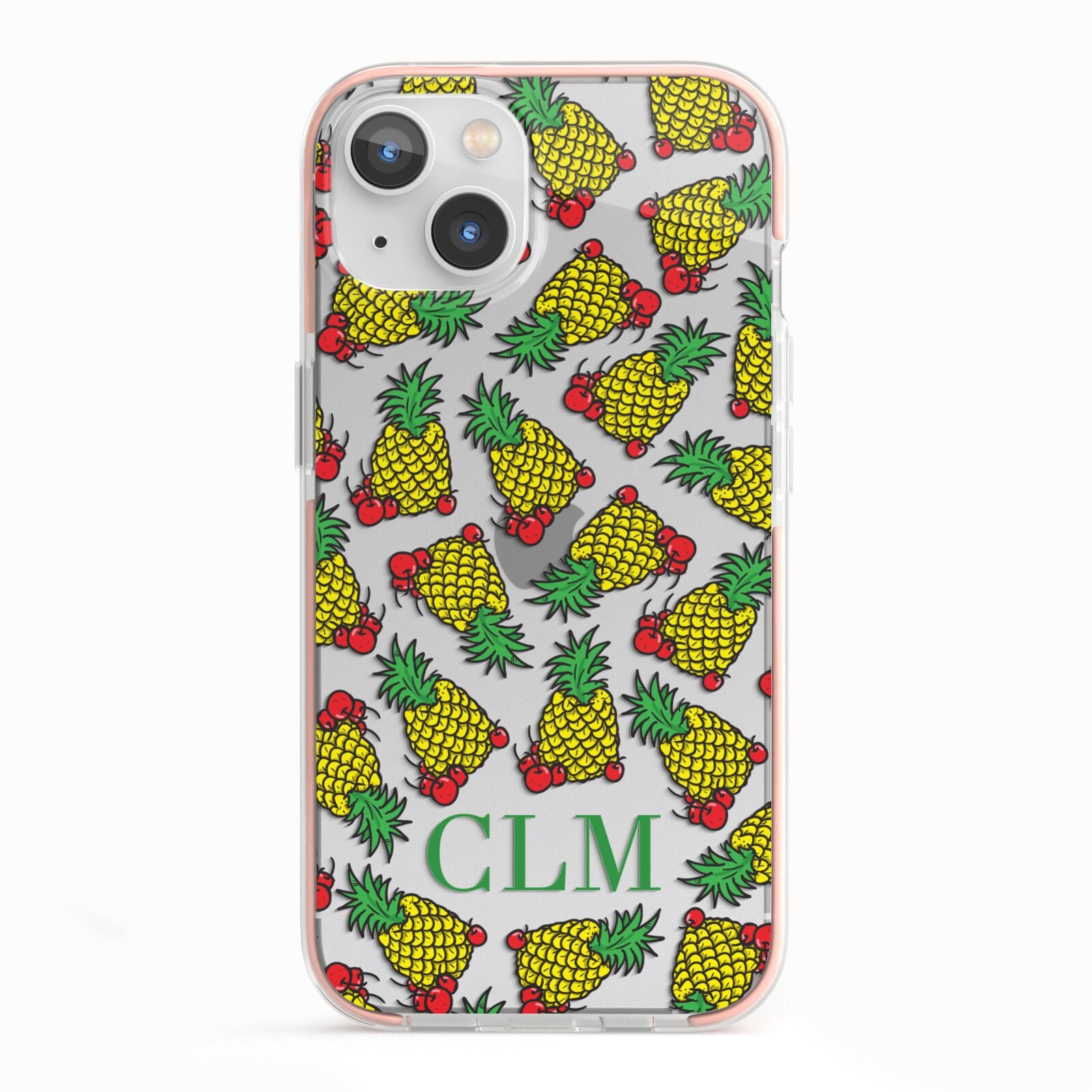 Personalised Pineapple Initials Clear iPhone 13 TPU Impact Case with Pink Edges