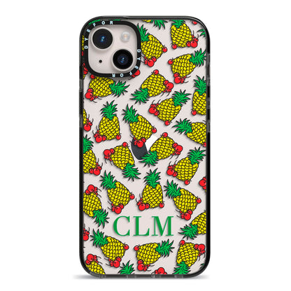 Personalised Pineapple Initials Clear iPhone 14 Plus Black Impact Case on Silver phone
