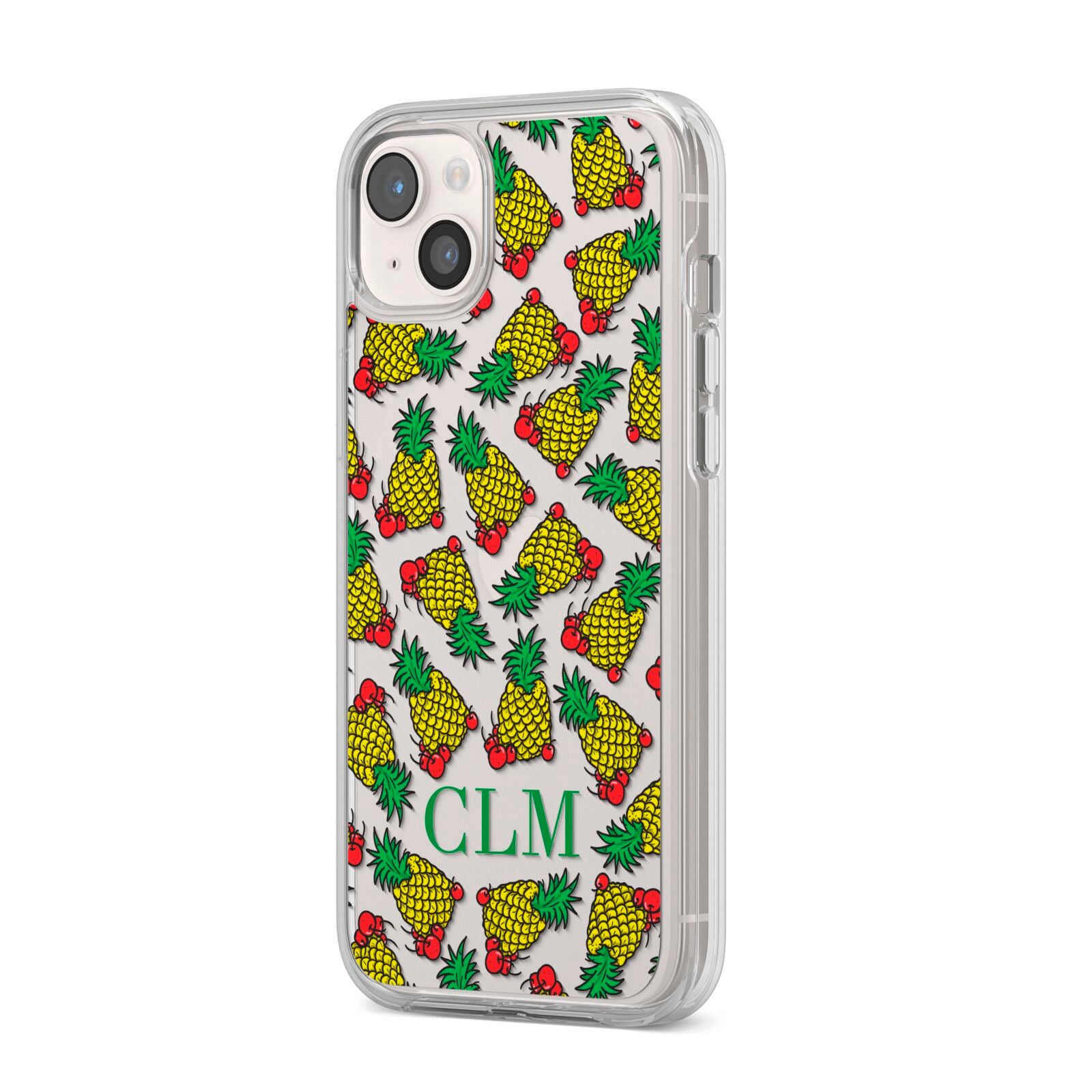 Personalised Pineapple Initials Clear iPhone 14 Plus Clear Tough Case Starlight Angled Image