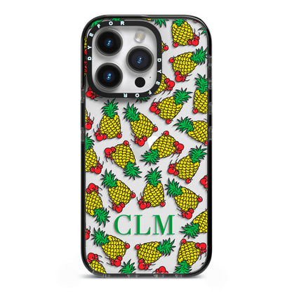 Personalised Pineapple Initials Clear iPhone 14 Pro Black Impact Case on Silver phone