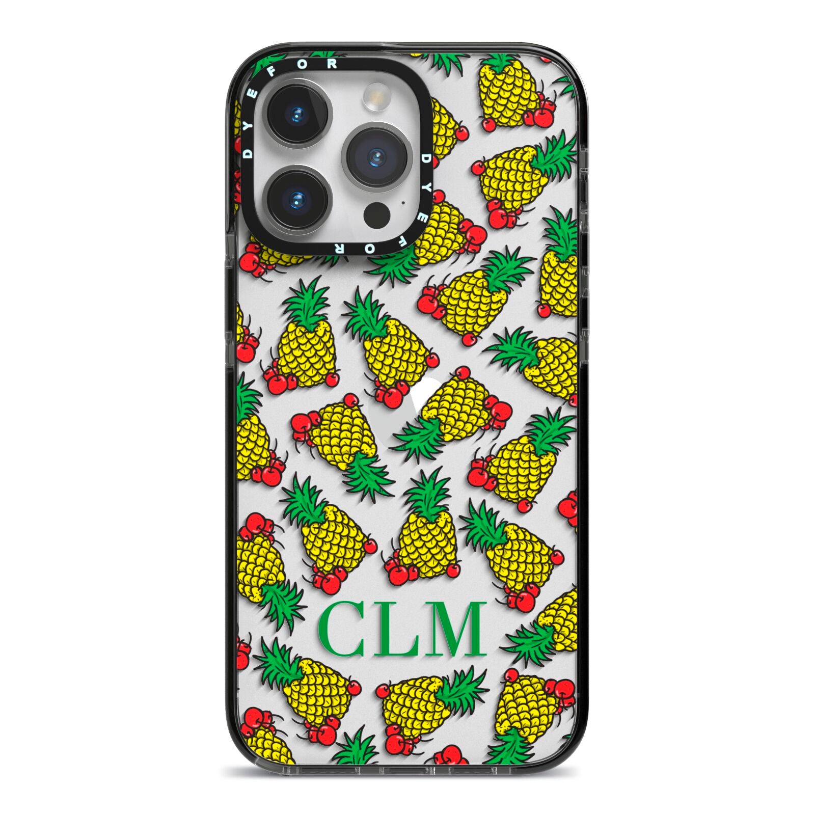 Personalised Pineapple Initials Clear iPhone 14 Pro Max Black Impact Case on Silver phone