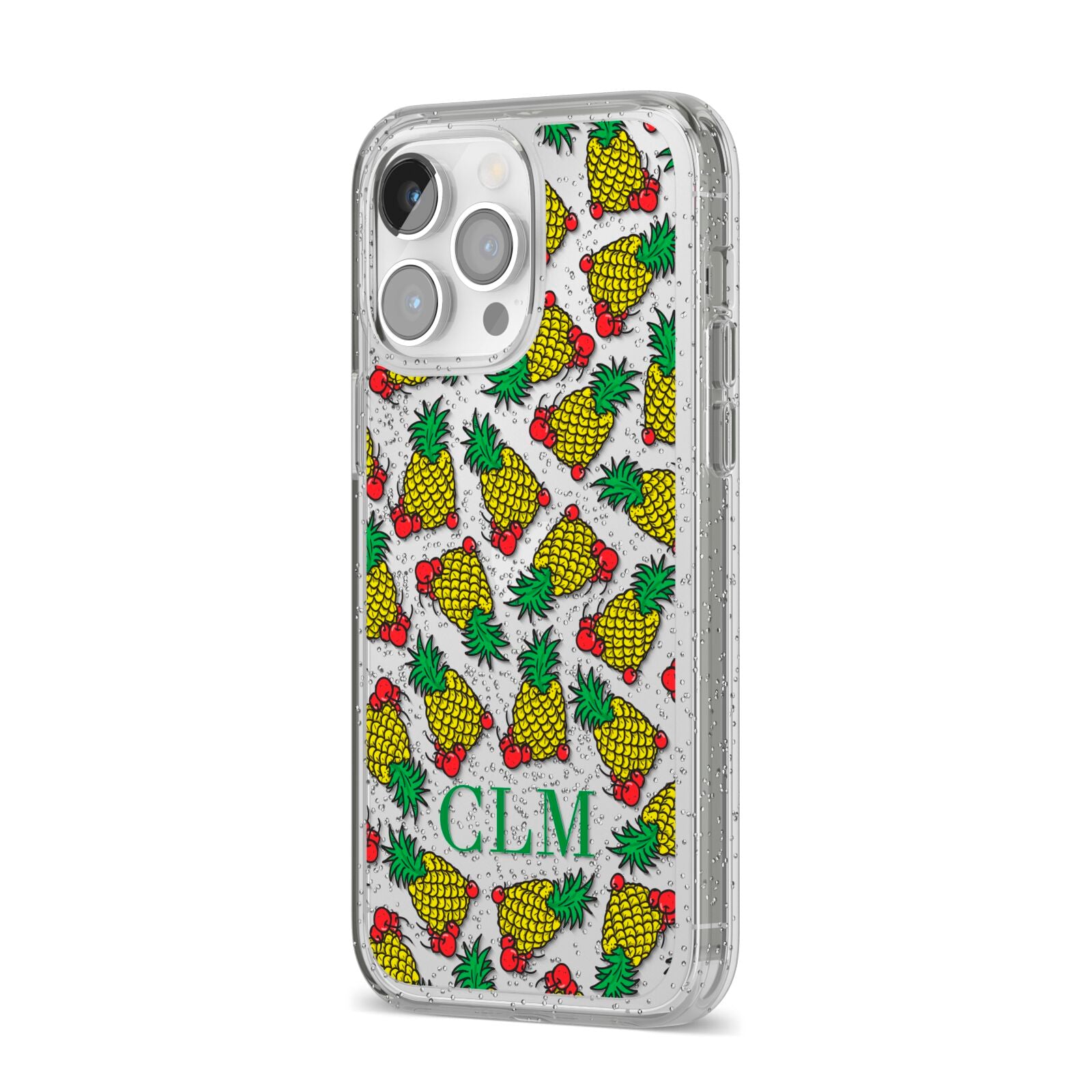 Personalised Pineapple Initials Clear iPhone 14 Pro Max Glitter Tough Case Silver Angled Image