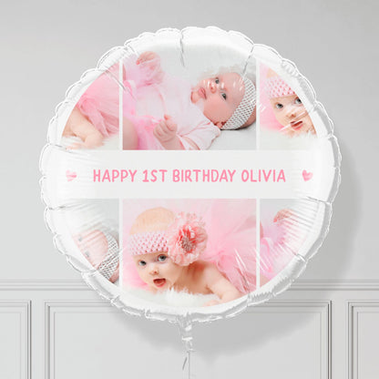 Personalised Pink 1st Birthday Print with Photo and Name Balloon
