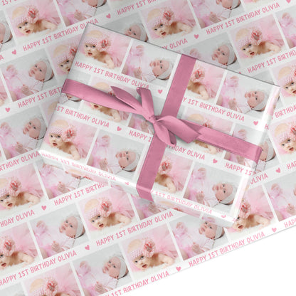 Personalised Pink 1st Birthday Print with Photo and Name Custom Wrapping Paper