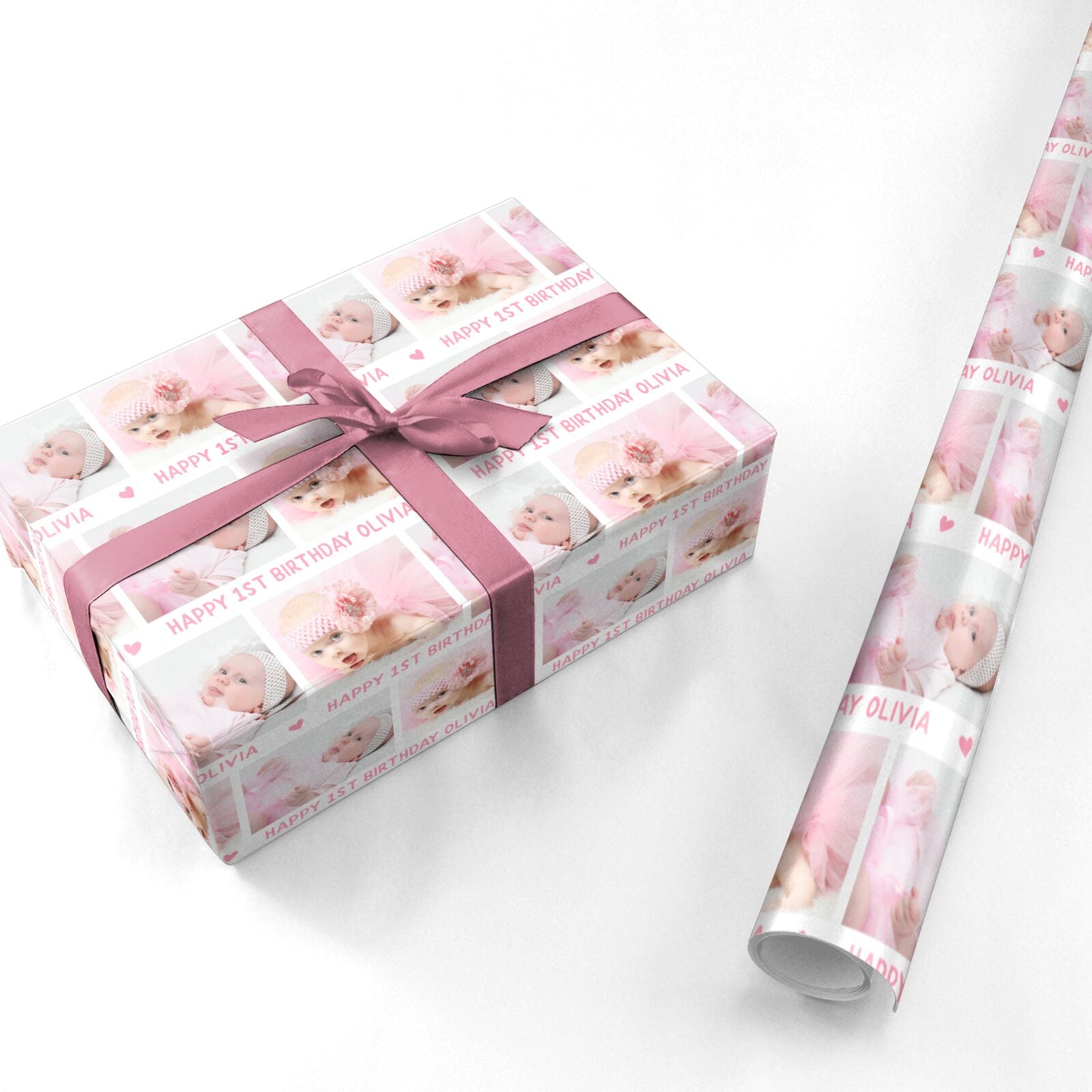 Personalised Pink 1st Birthday Print with Photo and Name Personalised Wrapping Paper