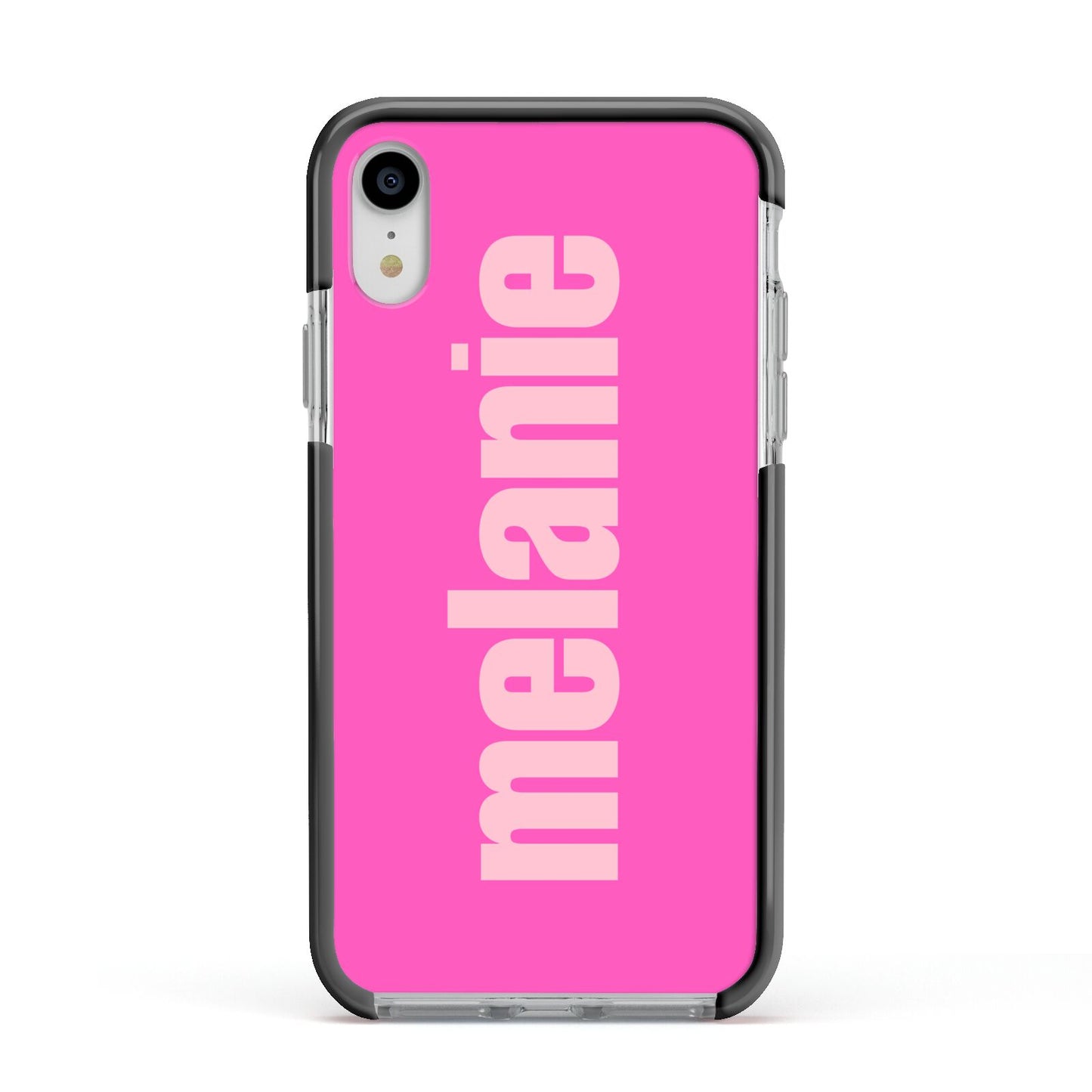 Personalised Pink Apple iPhone XR Impact Case Black Edge on Silver Phone