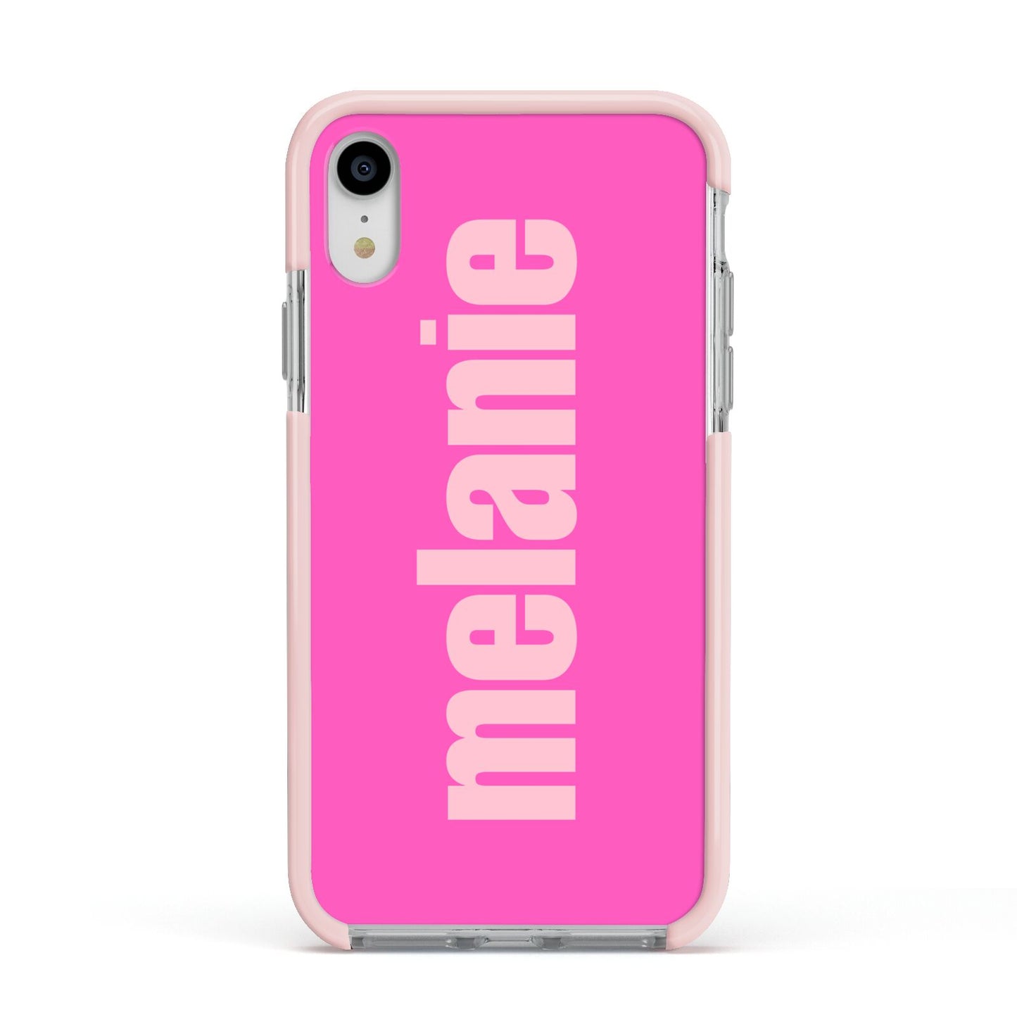 Personalised Pink Apple iPhone XR Impact Case Pink Edge on Silver Phone