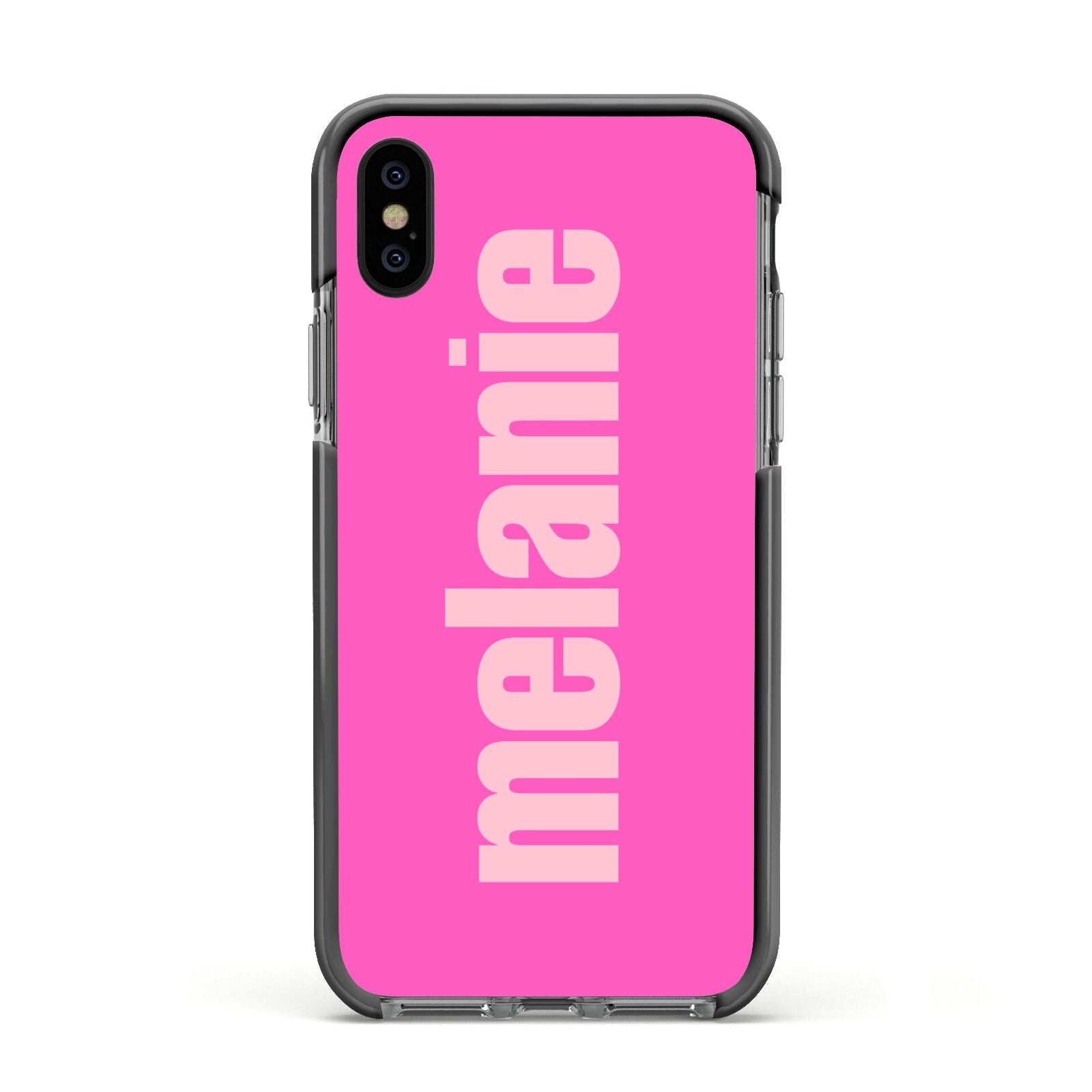 Personalised Pink Apple iPhone Xs Impact Case Black Edge on Black Phone