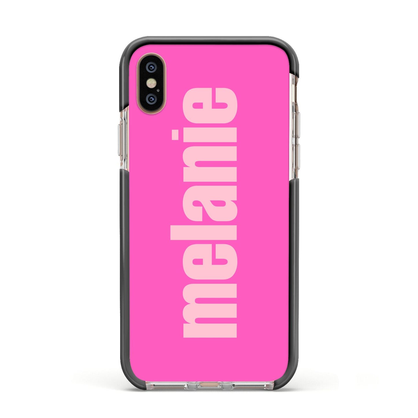 Personalised Pink Apple iPhone Xs Impact Case Black Edge on Gold Phone
