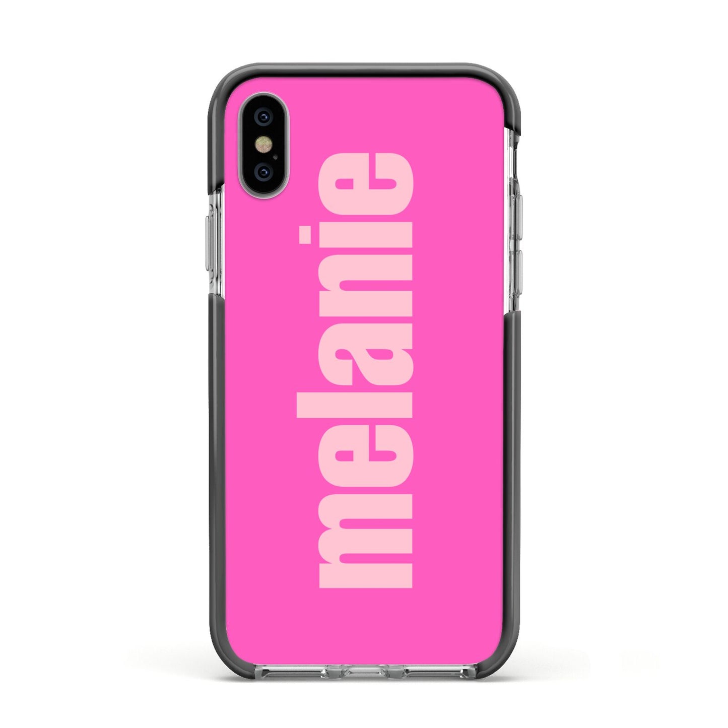 Personalised Pink Apple iPhone Xs Impact Case Black Edge on Silver Phone