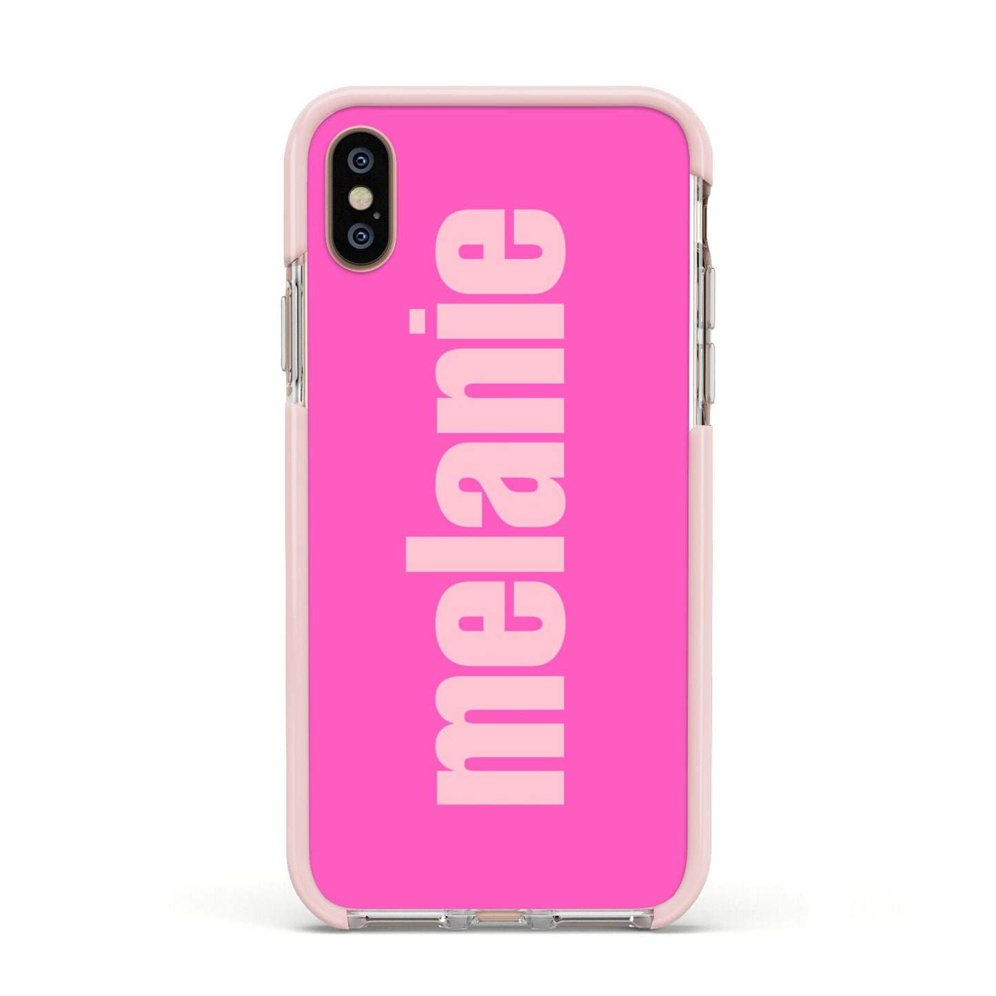 Personalised Pink Apple iPhone Xs Impact Case Pink Edge on Gold Phone