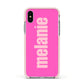 Personalised Pink Apple iPhone Xs Impact Case Pink Edge on Silver Phone
