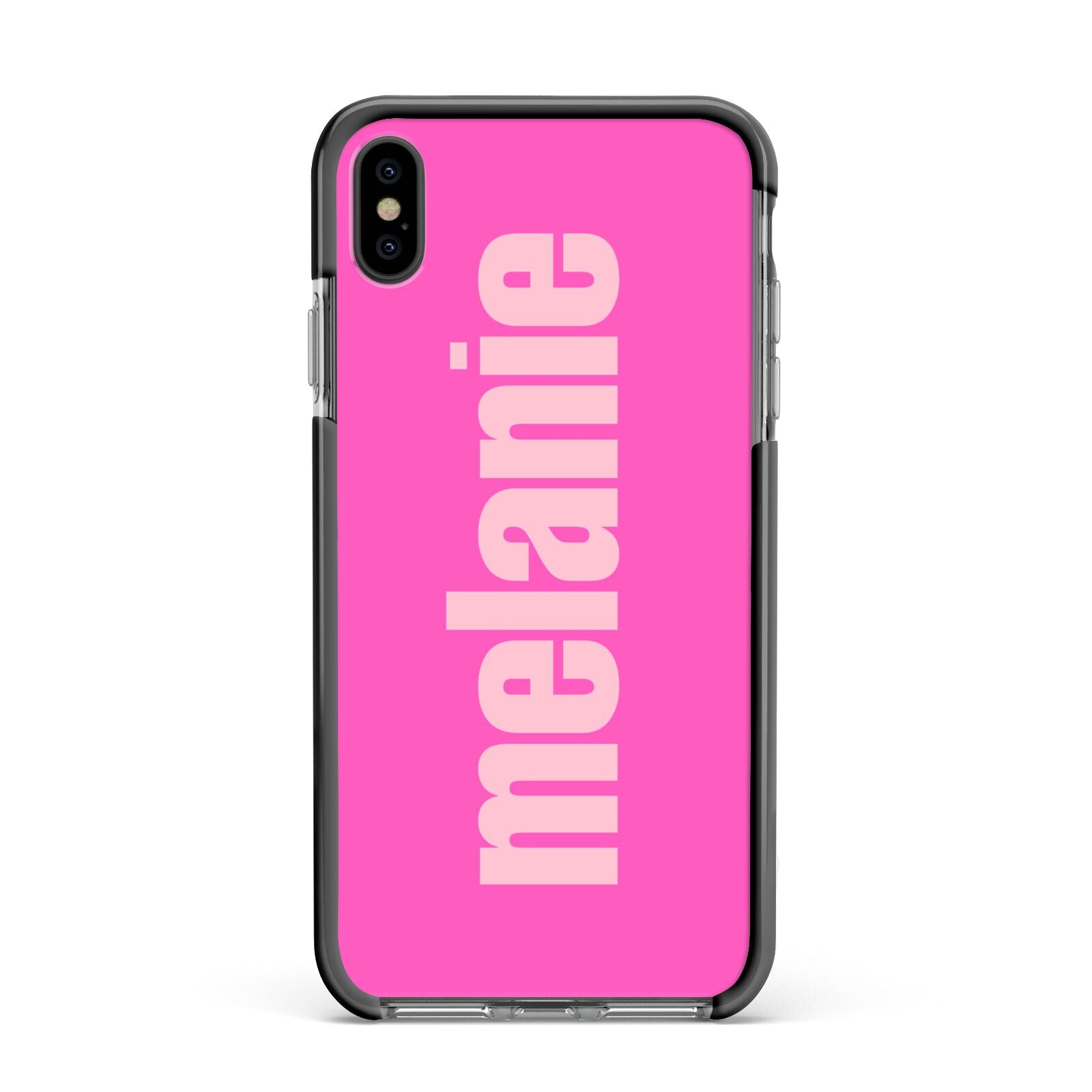 Personalised Pink Apple iPhone Xs Max Impact Case Black Edge on Black Phone