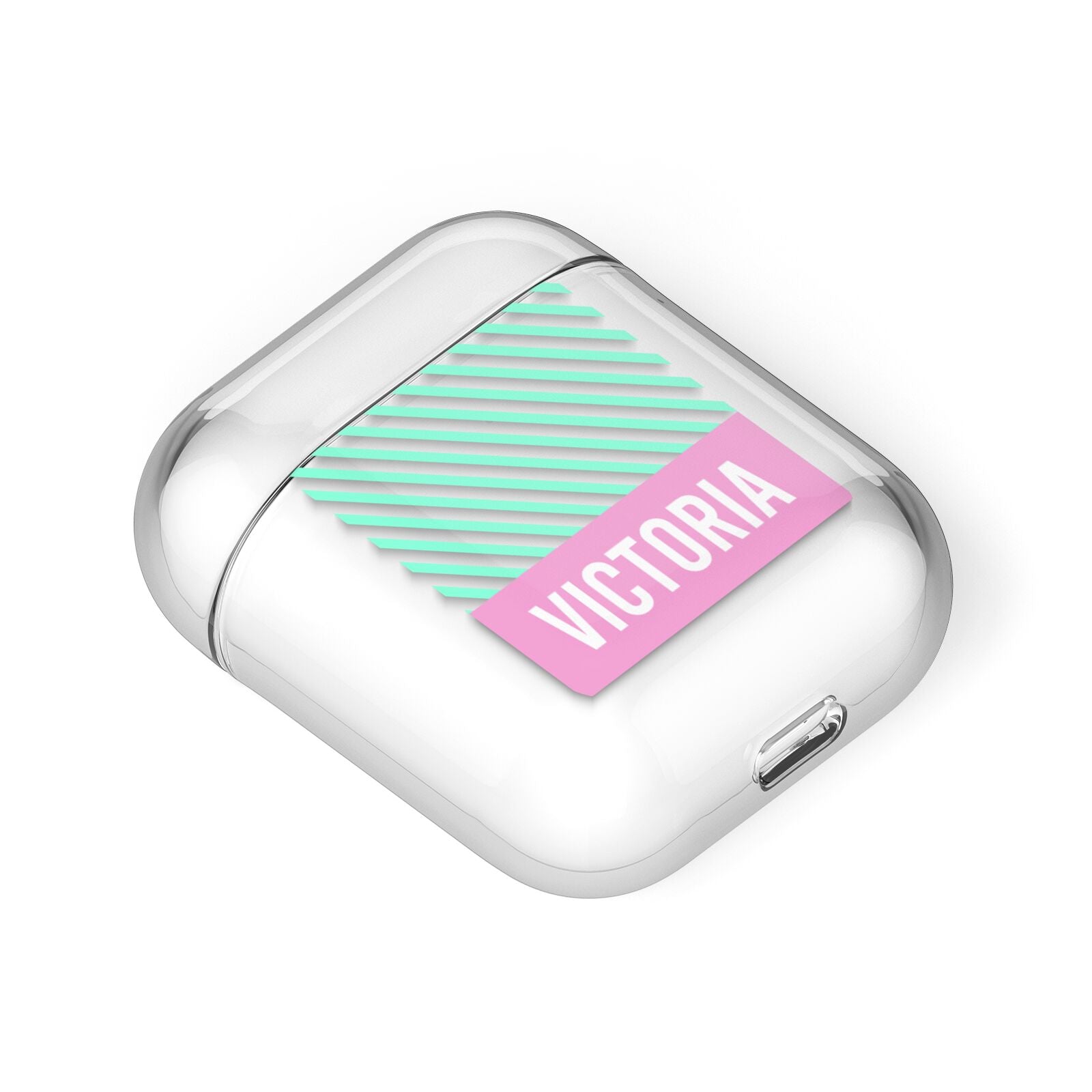 Personalised Pink Aqua Striped AirPods Case Laid Flat