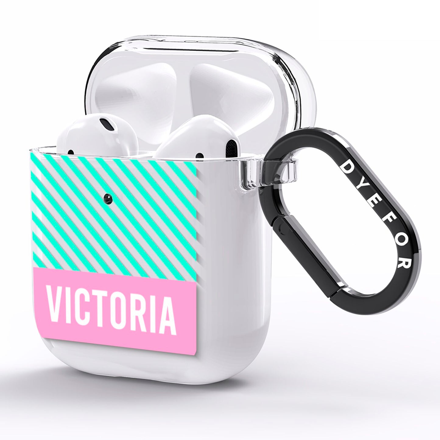Personalised Pink Aqua Striped AirPods Clear Case Side Image