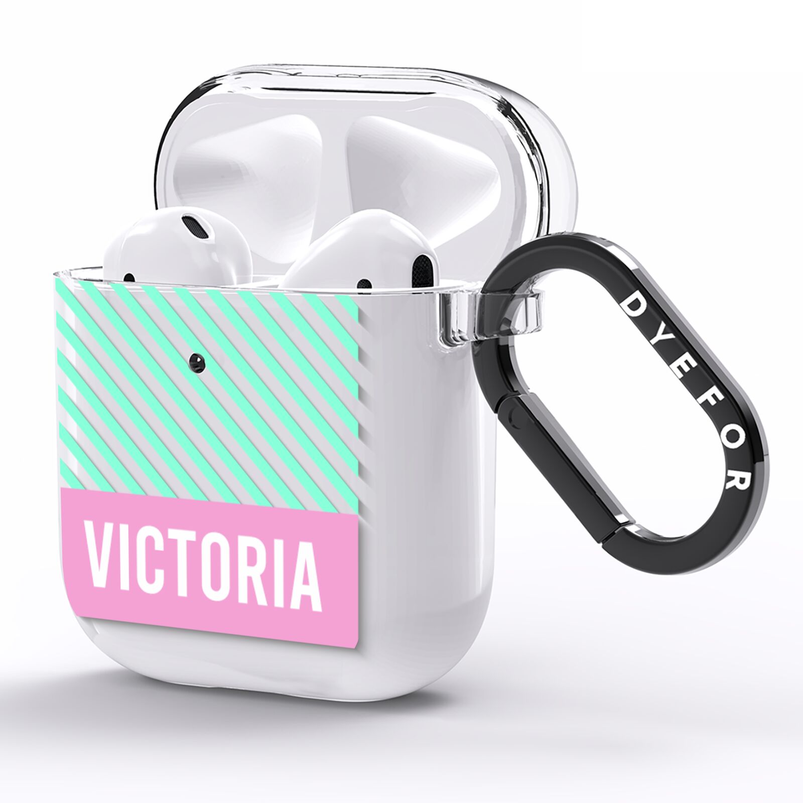 Personalised Pink Aqua Striped AirPods Clear Case Side Image