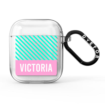 Personalised Pink Aqua Striped AirPods Clear Case