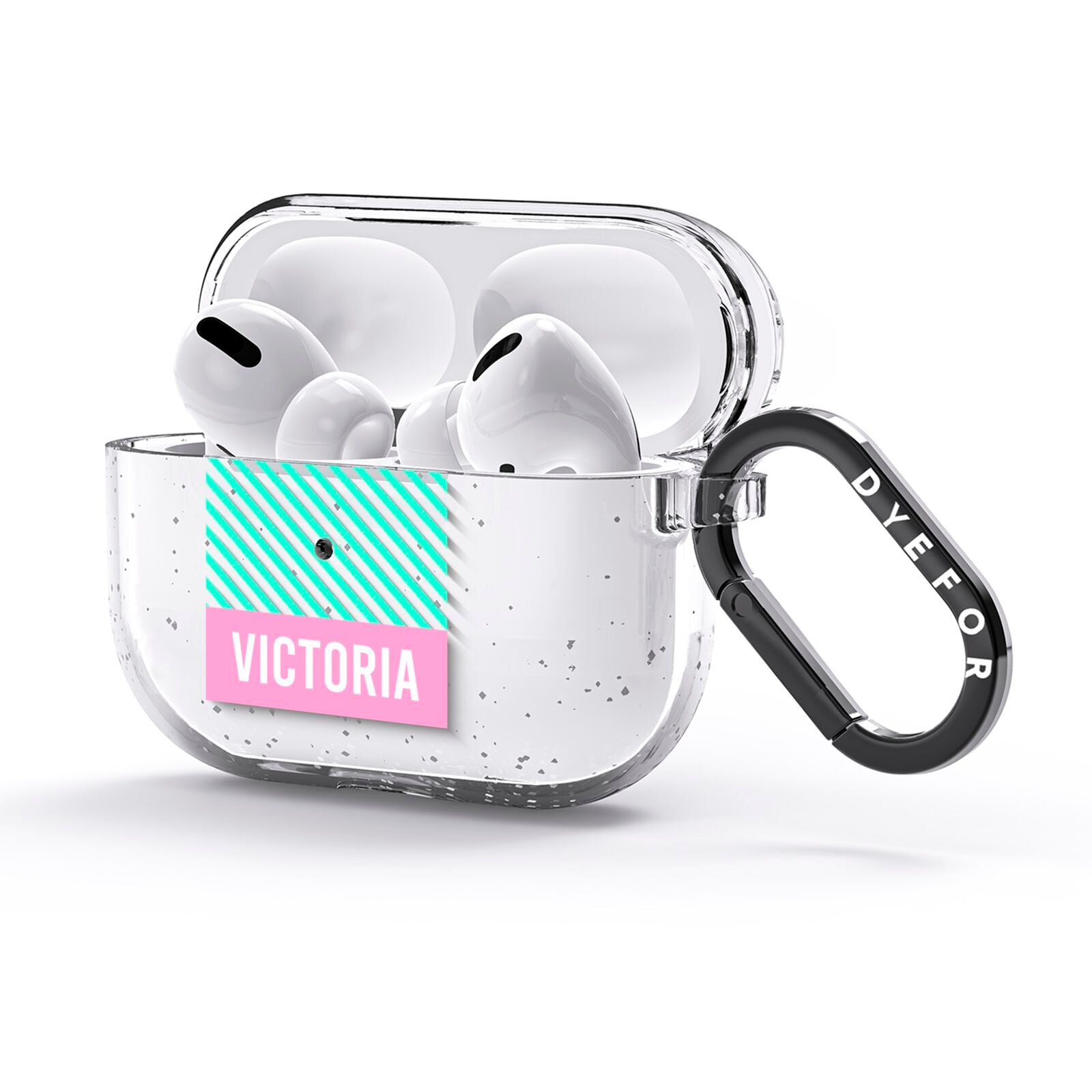 Personalised Pink Aqua Striped AirPods Glitter Case 3rd Gen Side Image