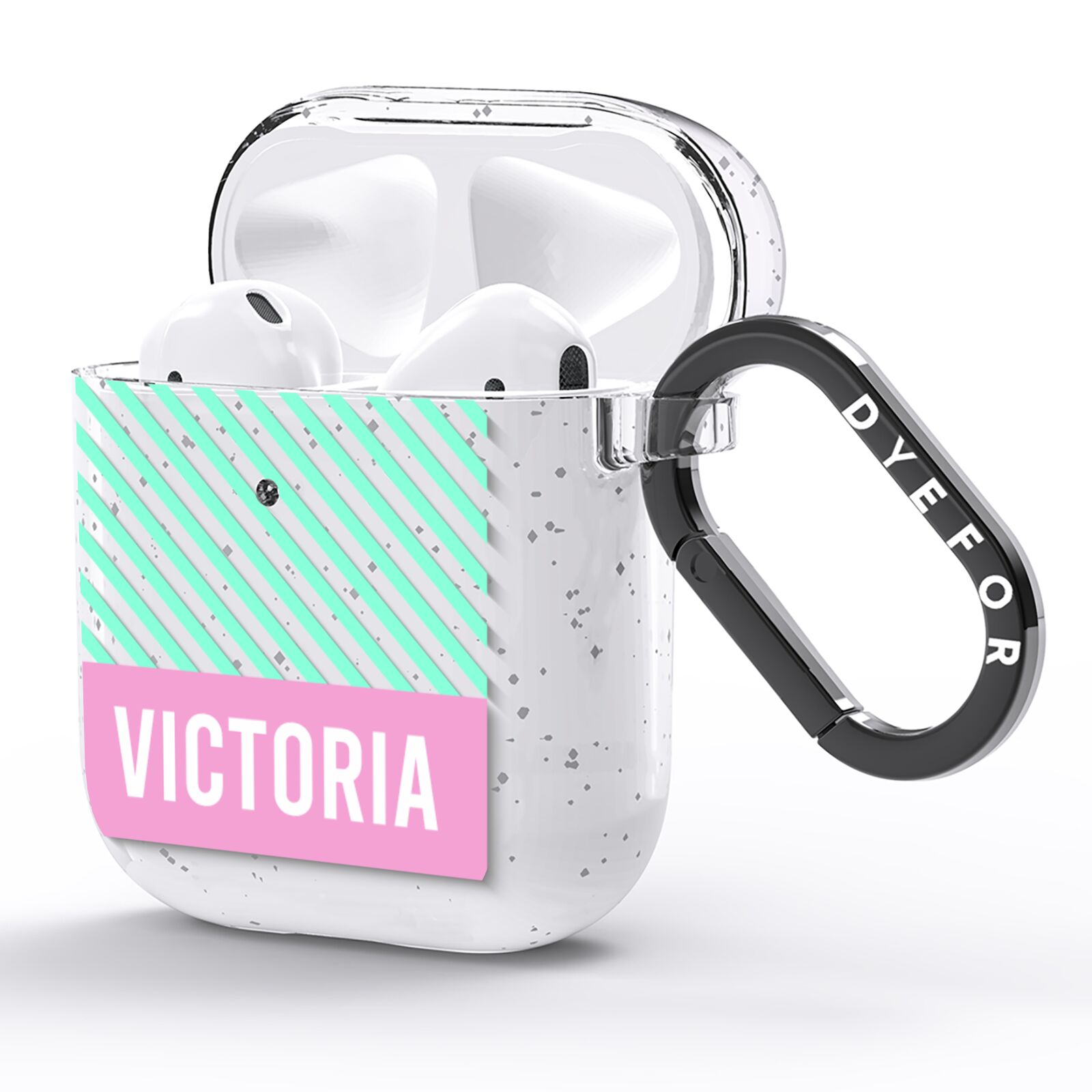Personalised Pink Aqua Striped AirPods Glitter Case Side Image