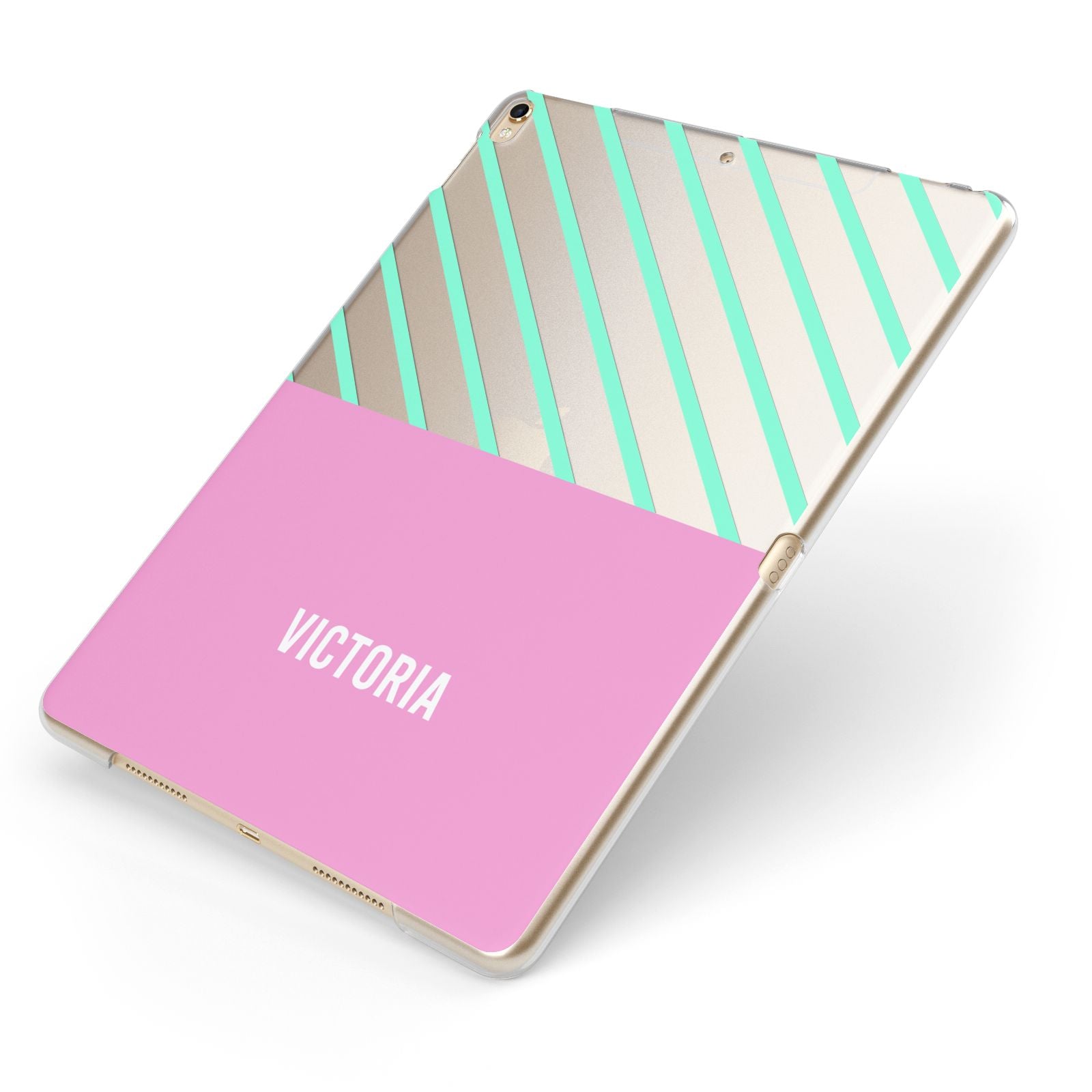 Personalised Pink Aqua Striped Apple iPad Case on Gold iPad Side View