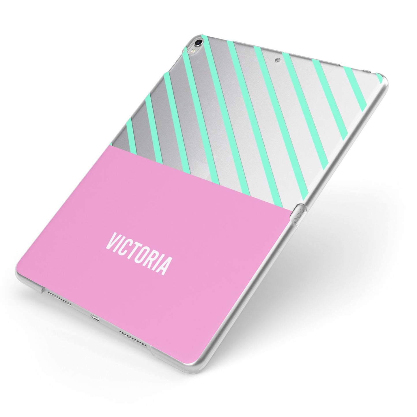 Personalised Pink Aqua Striped Apple iPad Case on Silver iPad Side View