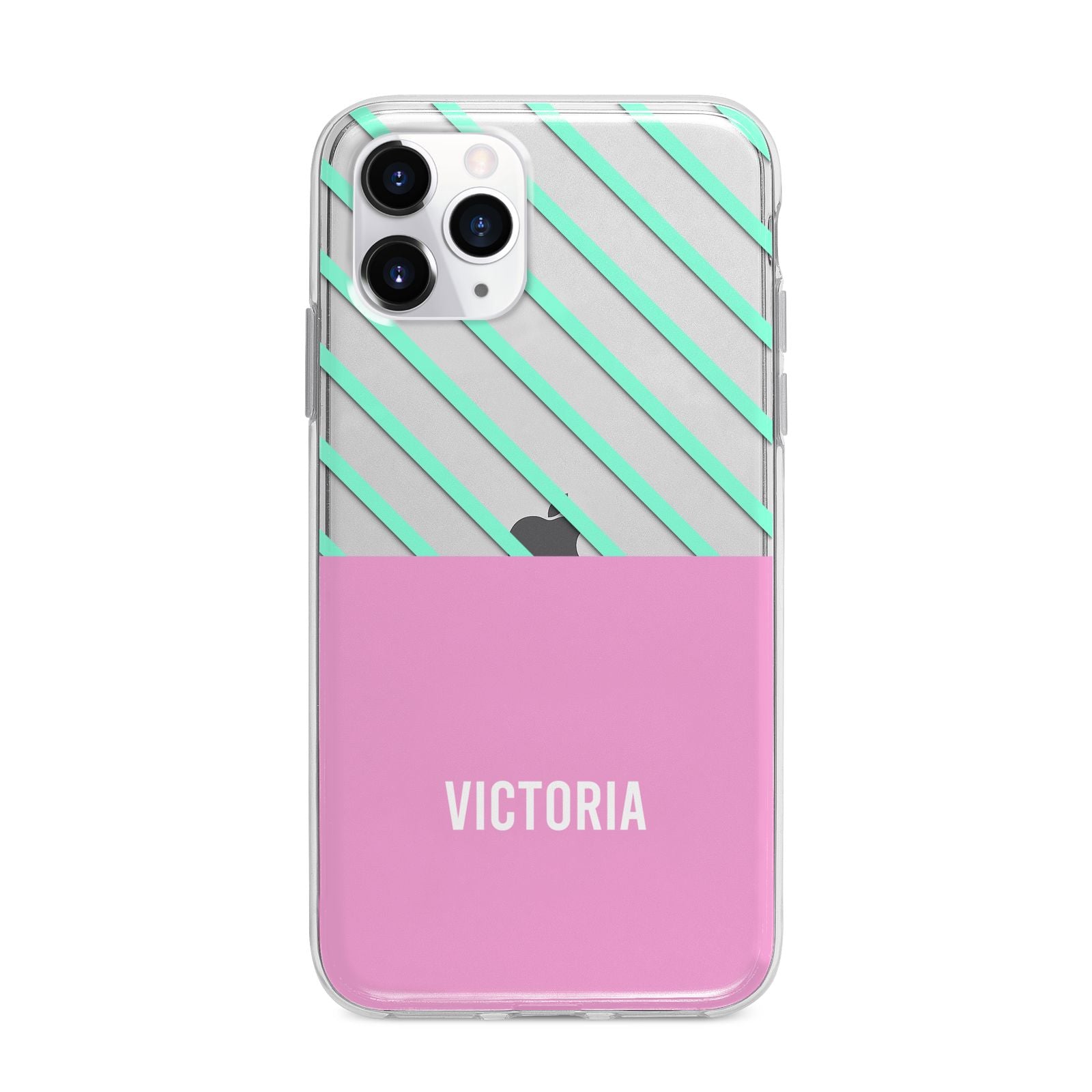 Personalised Pink Aqua Striped Apple iPhone 11 Pro Max in Silver with Bumper Case