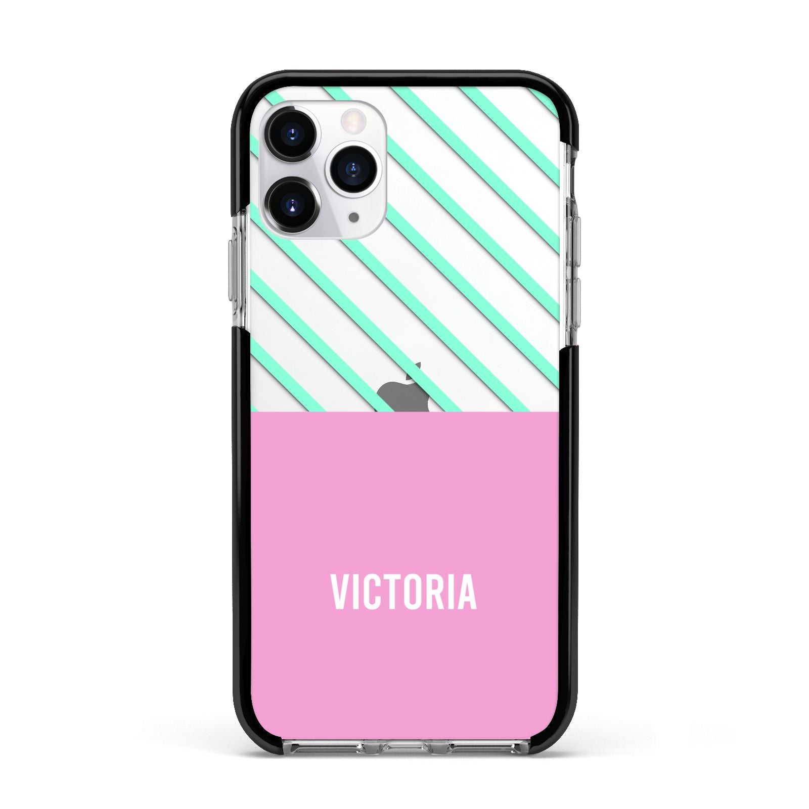 Personalised Pink Aqua Striped Apple iPhone 11 Pro in Silver with Black Impact Case