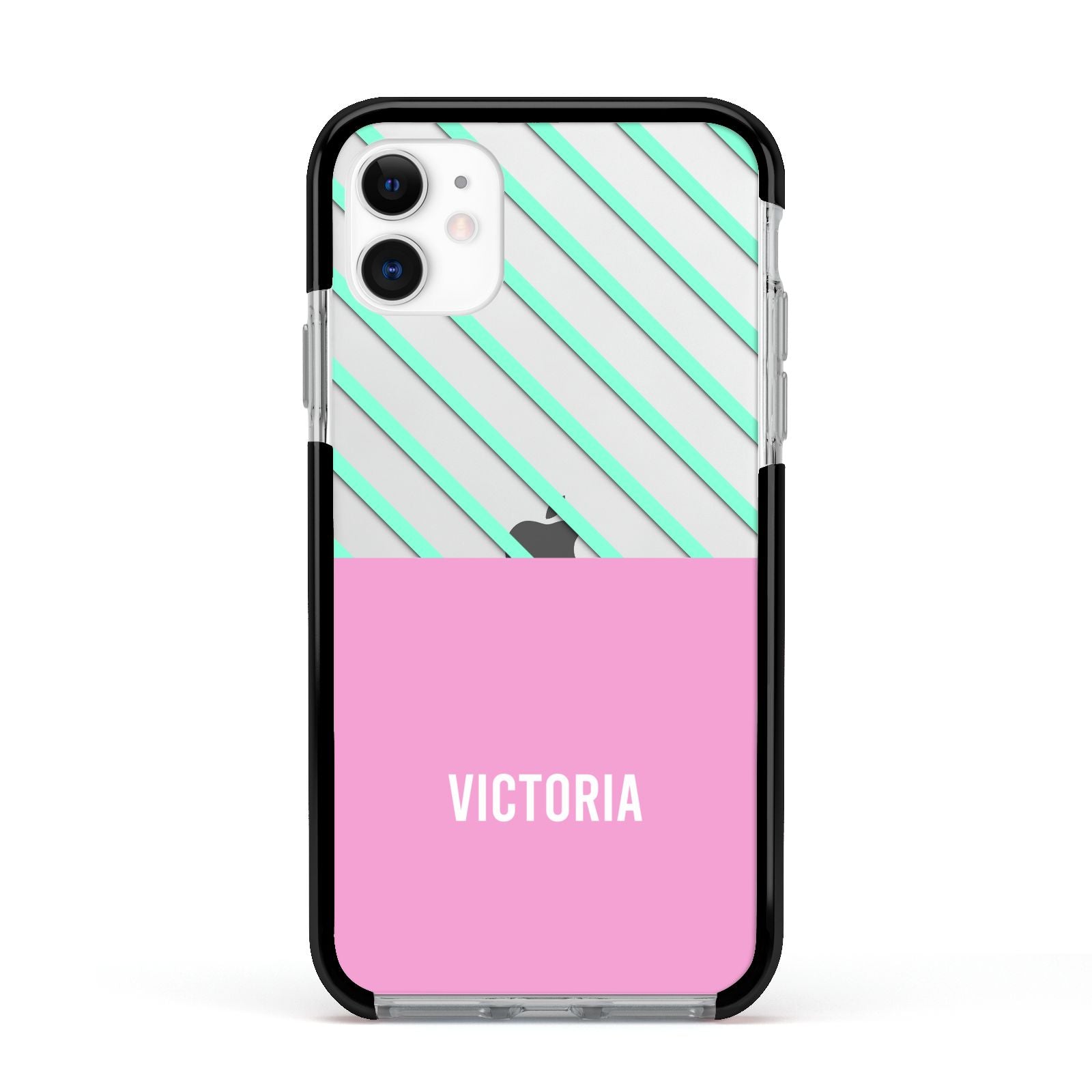 Personalised Pink Aqua Striped Apple iPhone 11 in White with Black Impact Case
