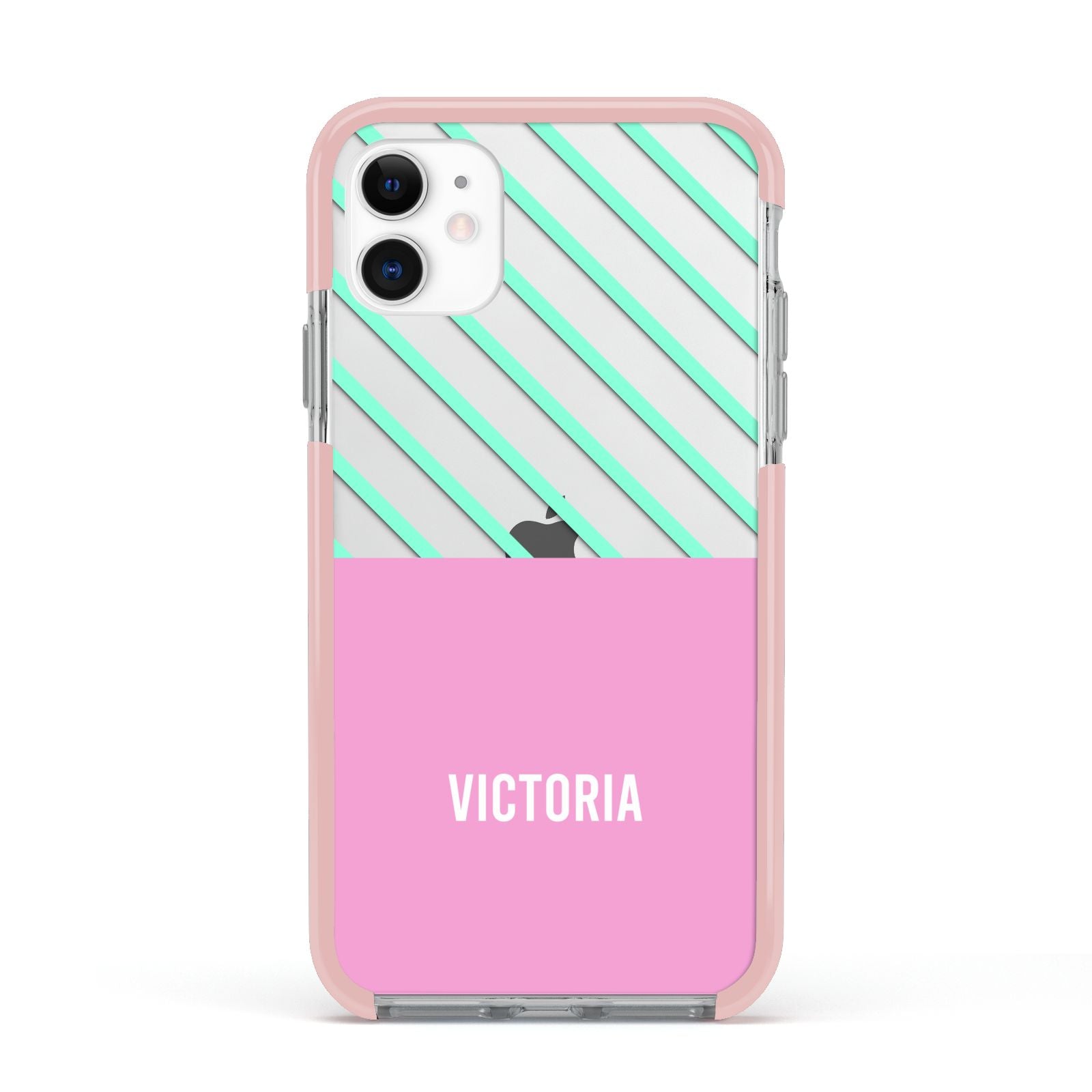 Personalised Pink Aqua Striped Apple iPhone 11 in White with Pink Impact Case