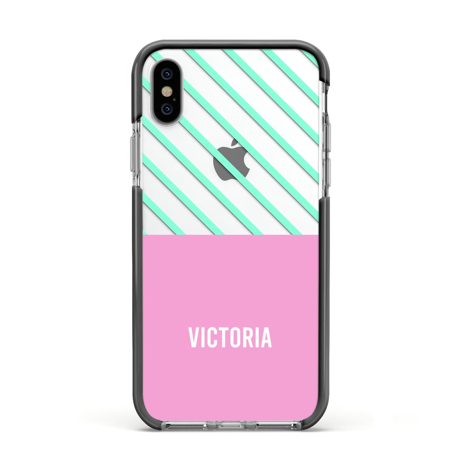 Personalised Pink Aqua Striped Apple iPhone Xs Impact Case Black Edge on Silver Phone