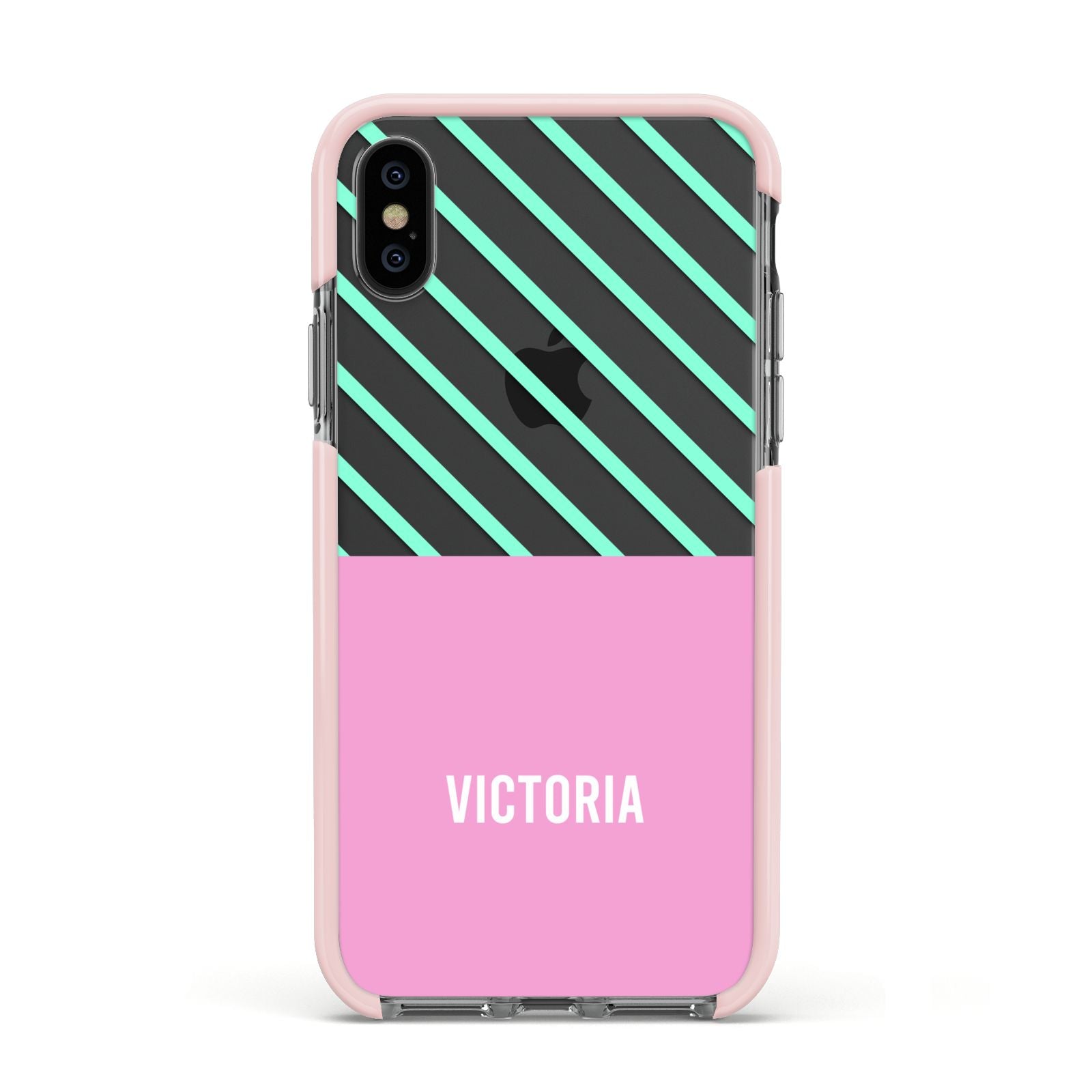 Personalised Pink Aqua Striped Apple iPhone Xs Impact Case Pink Edge on Black Phone