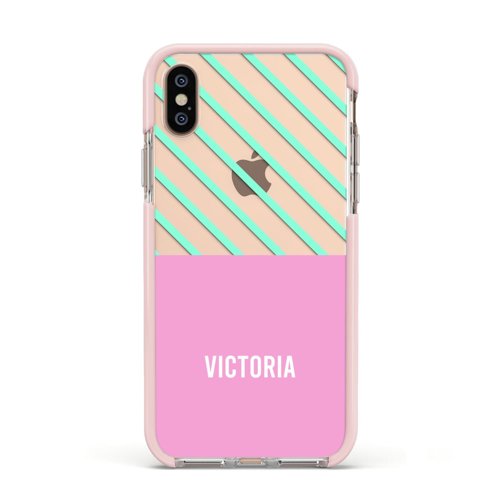 Personalised Pink Aqua Striped Apple iPhone Xs Impact Case Pink Edge on Gold Phone