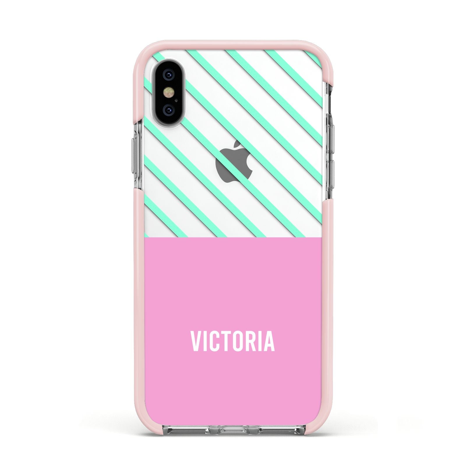 Personalised Pink Aqua Striped Apple iPhone Xs Impact Case Pink Edge on Silver Phone