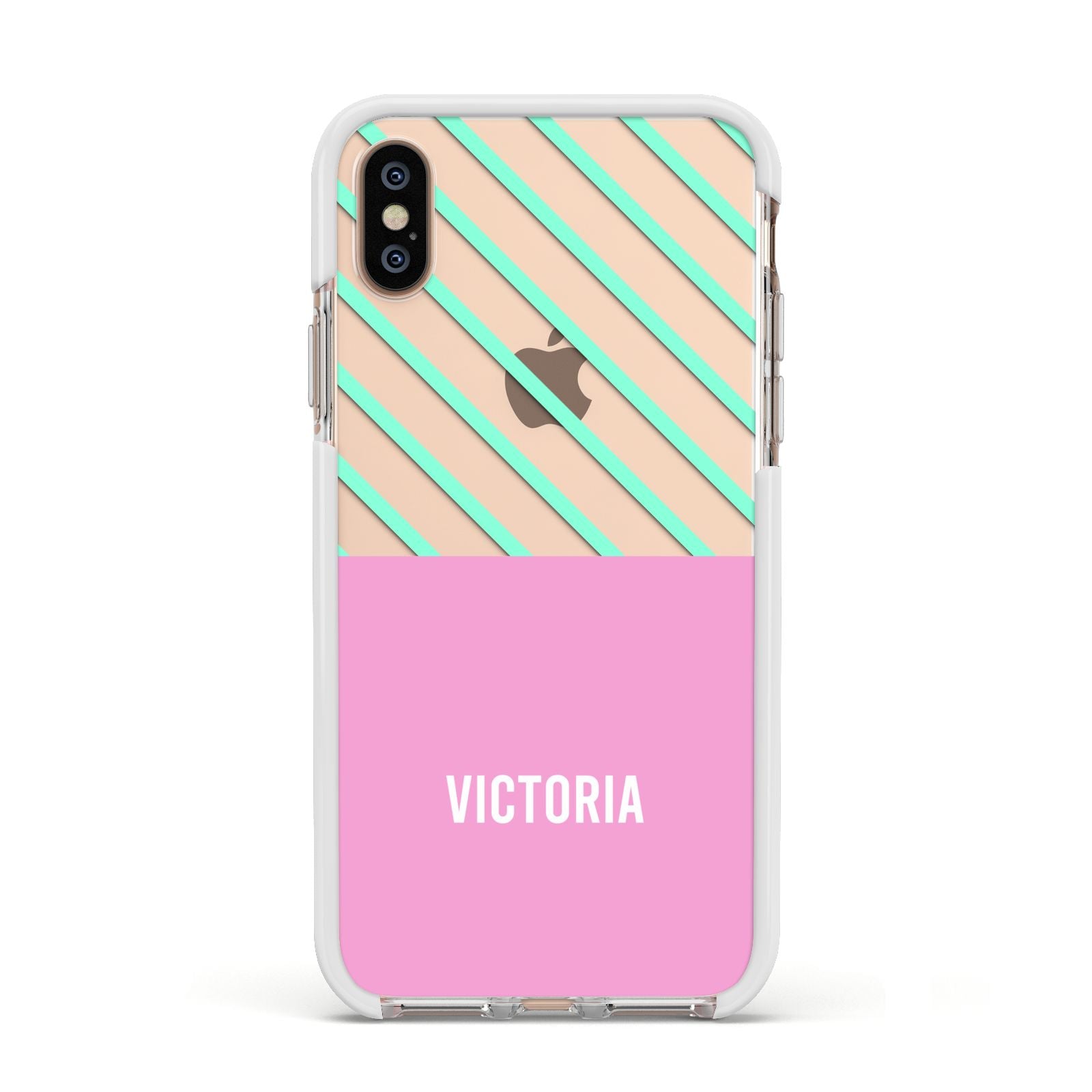 Personalised Pink Aqua Striped Apple iPhone Xs Impact Case White Edge on Gold Phone