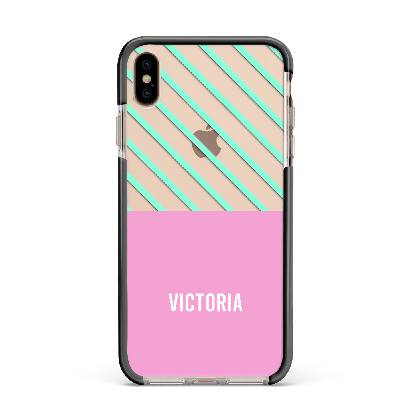 Personalised Pink Aqua Striped Apple iPhone Xs Max Impact Case Black Edge on Gold Phone