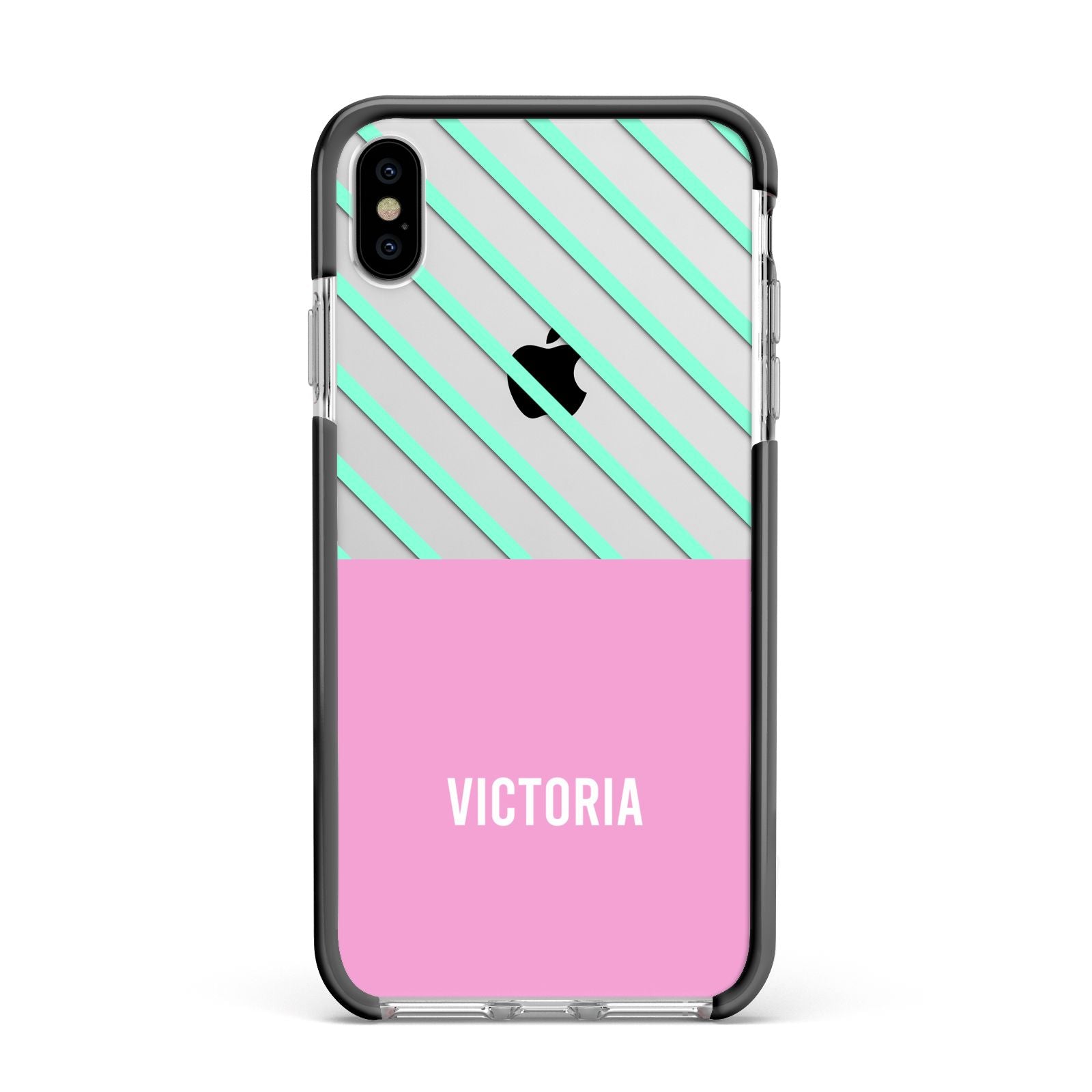 Personalised Pink Aqua Striped Apple iPhone Xs Max Impact Case Black Edge on Silver Phone