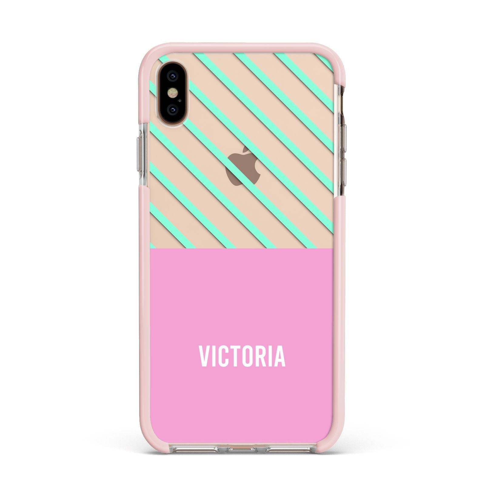 Personalised Pink Aqua Striped Apple iPhone Xs Max Impact Case Pink Edge on Gold Phone