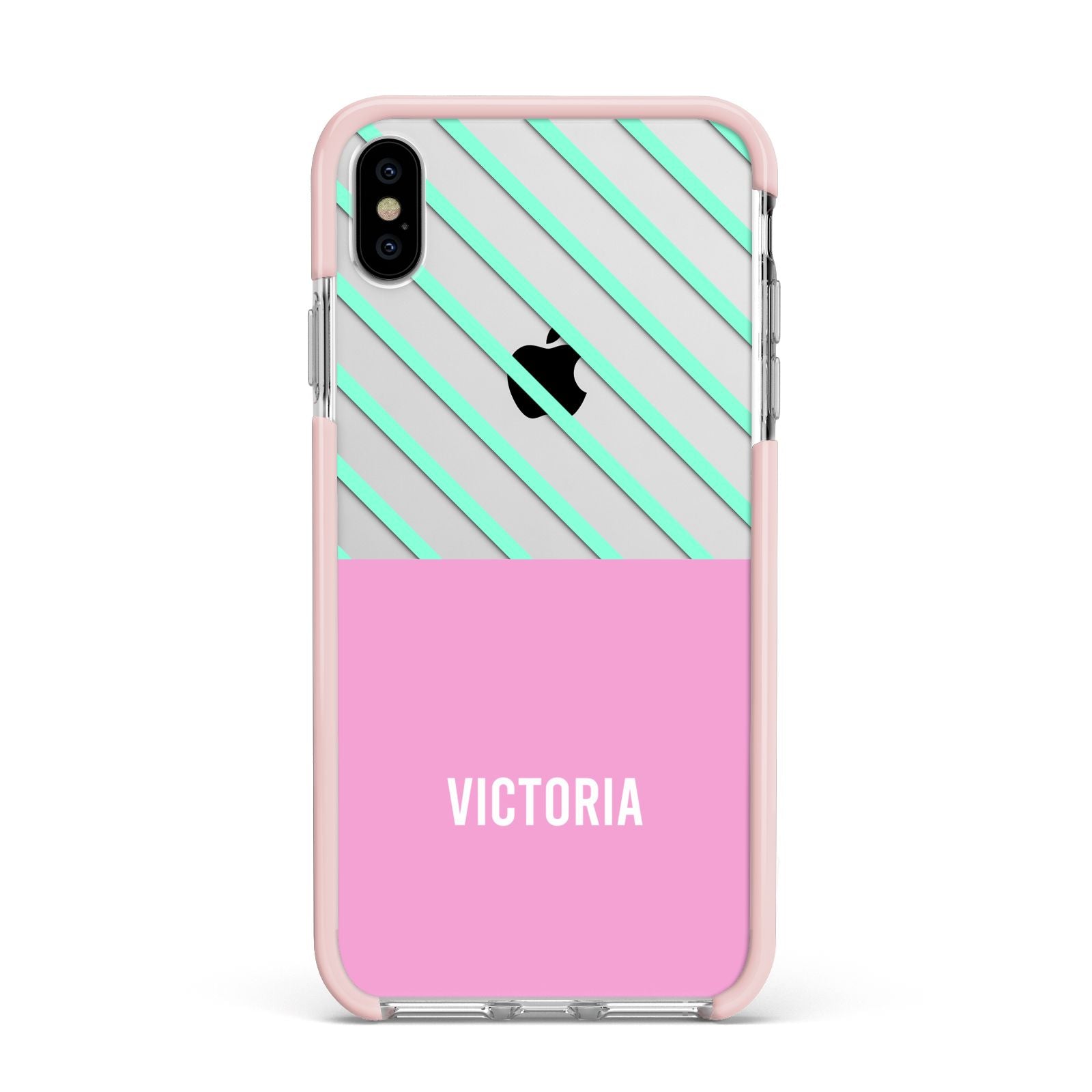 Personalised Pink Aqua Striped Apple iPhone Xs Max Impact Case Pink Edge on Silver Phone