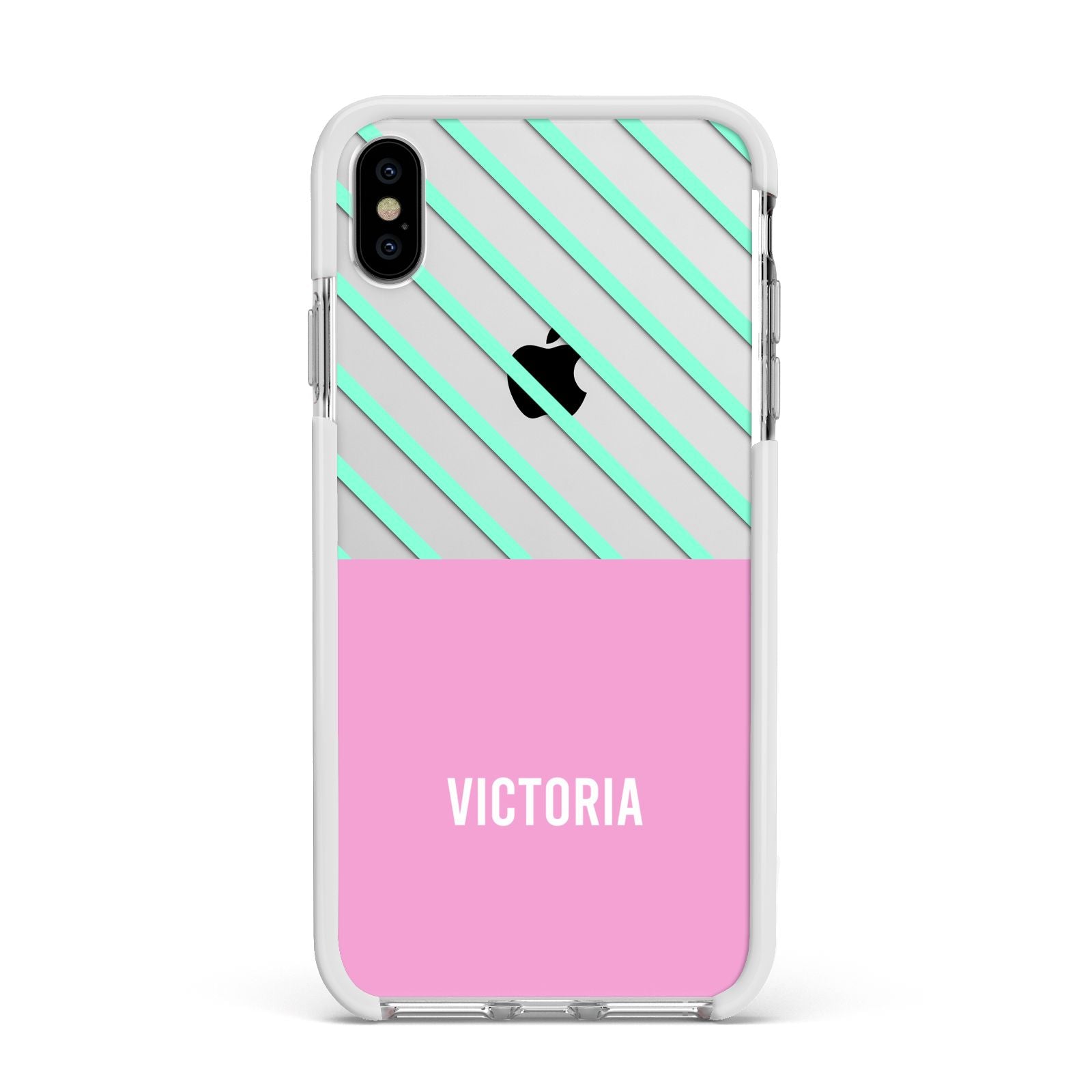 Personalised Pink Aqua Striped Apple iPhone Xs Max Impact Case White Edge on Silver Phone
