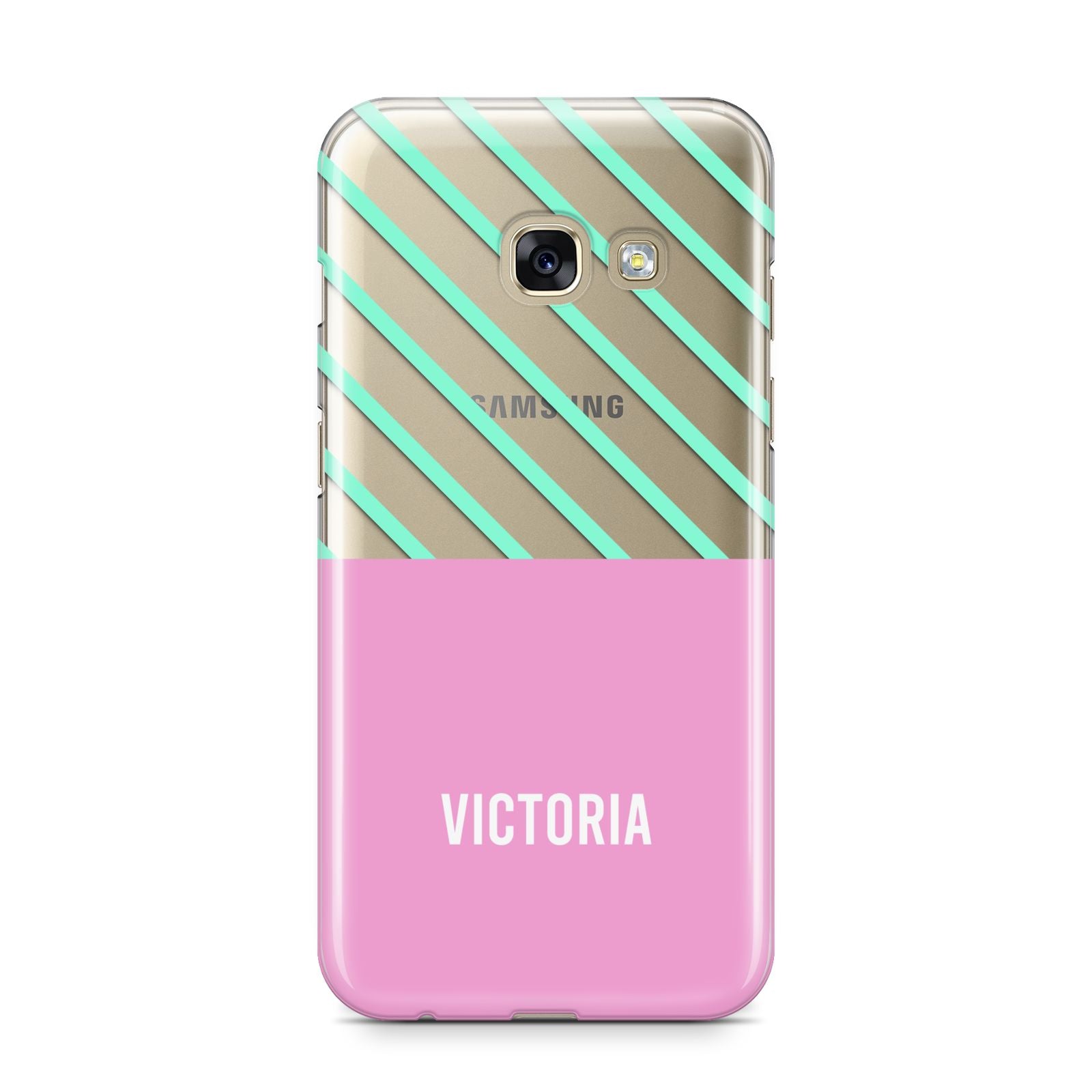 Personalised Pink Aqua Striped Samsung Galaxy A3 2017 Case on gold phone